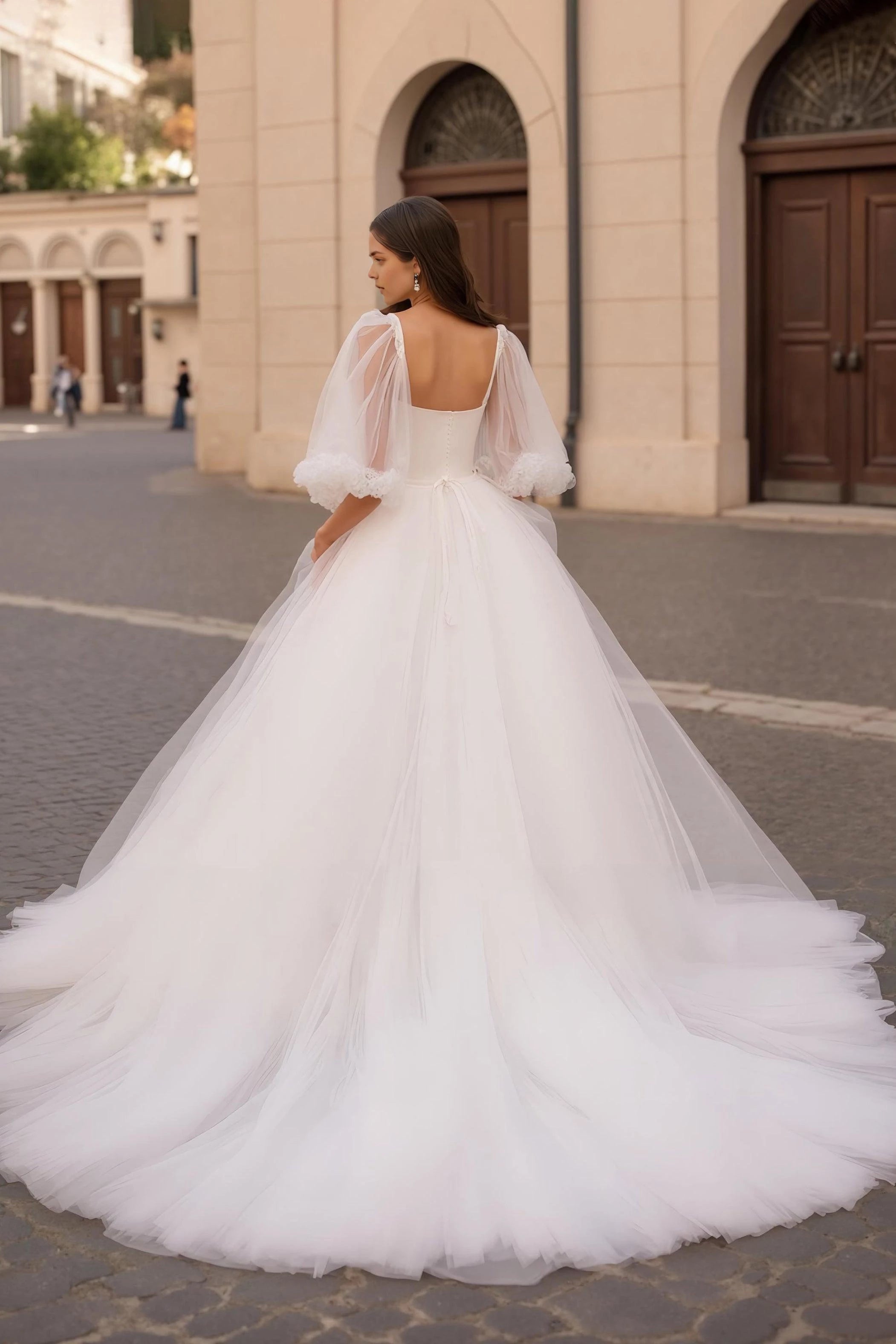 Elegant Princess Square Neck Puff Sleeve Tie Back Floor Length Wedding Dress