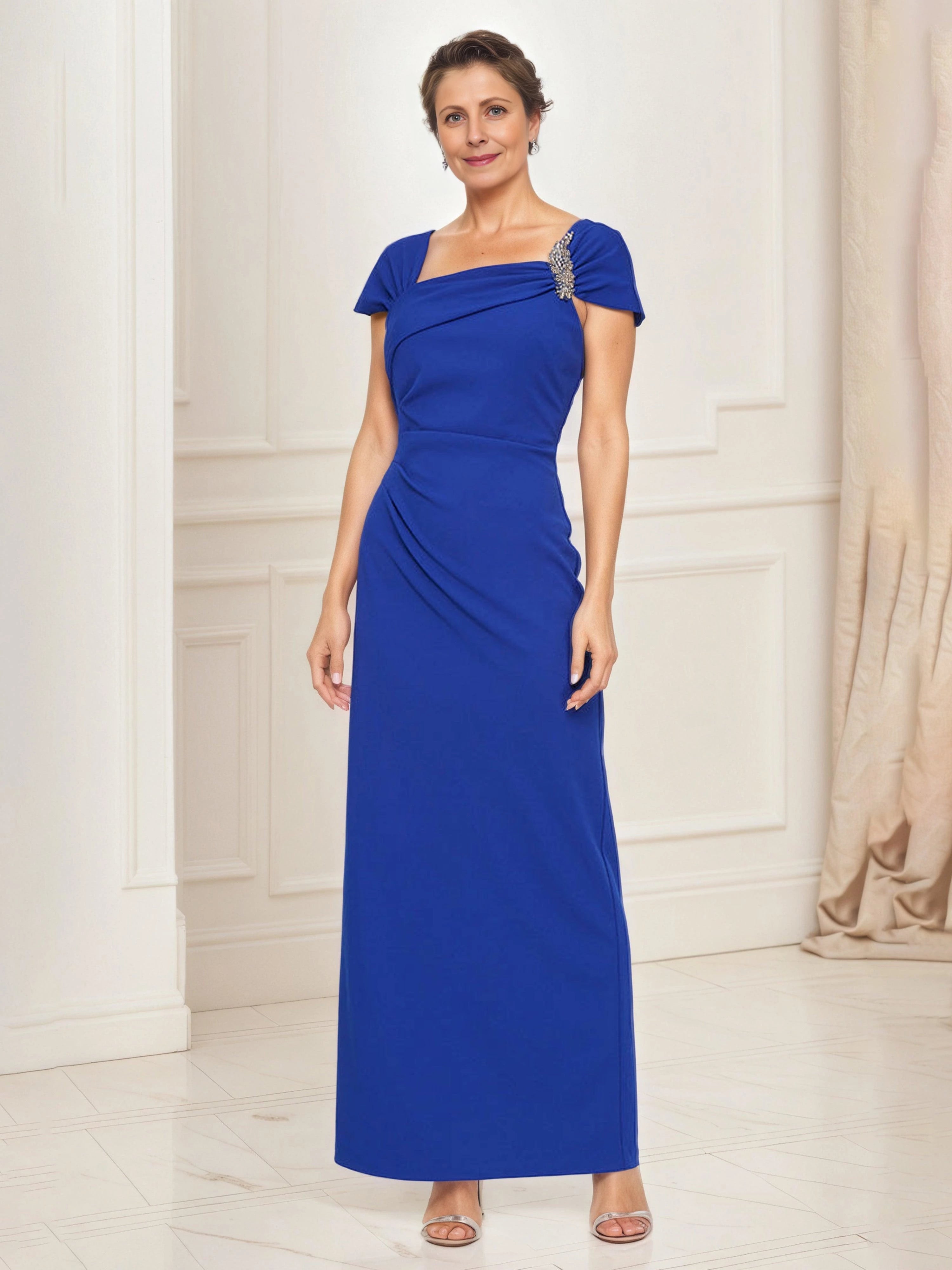 Elegant Sheath Asymmetric Neck Cap Sleeve Zip Back Floor Length Mother of the Bride Dress