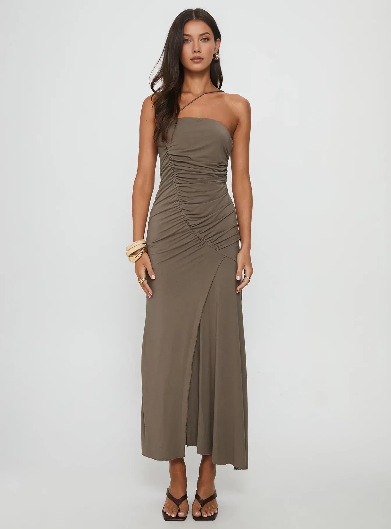 Elegant Sheath Asymmetric Neck Sleeveless Open Back Floor Length Evening Dress