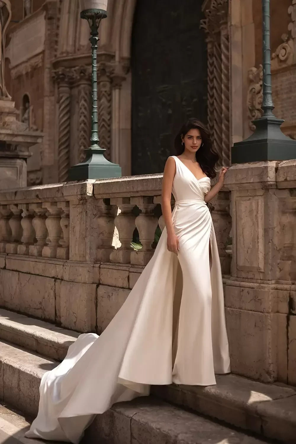 Elegant Sheath Asymmetrical V Neck Sleeveless Open Back Long Length Wedding Dress with High Slit