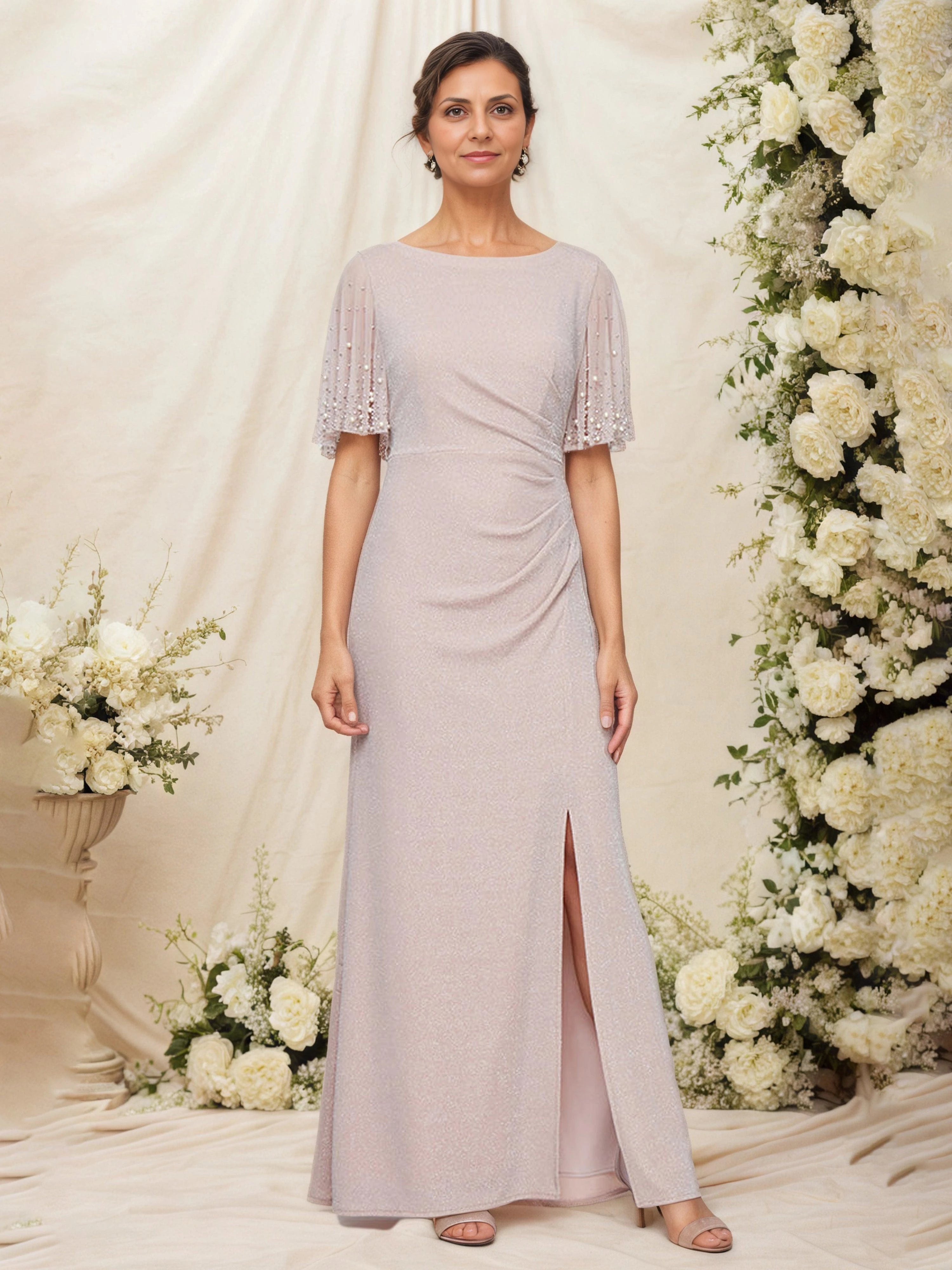 Elegant Sheath Boat Neck Beaded Flutter Sleeve V Back Floor Length Mother of the Bride Dress