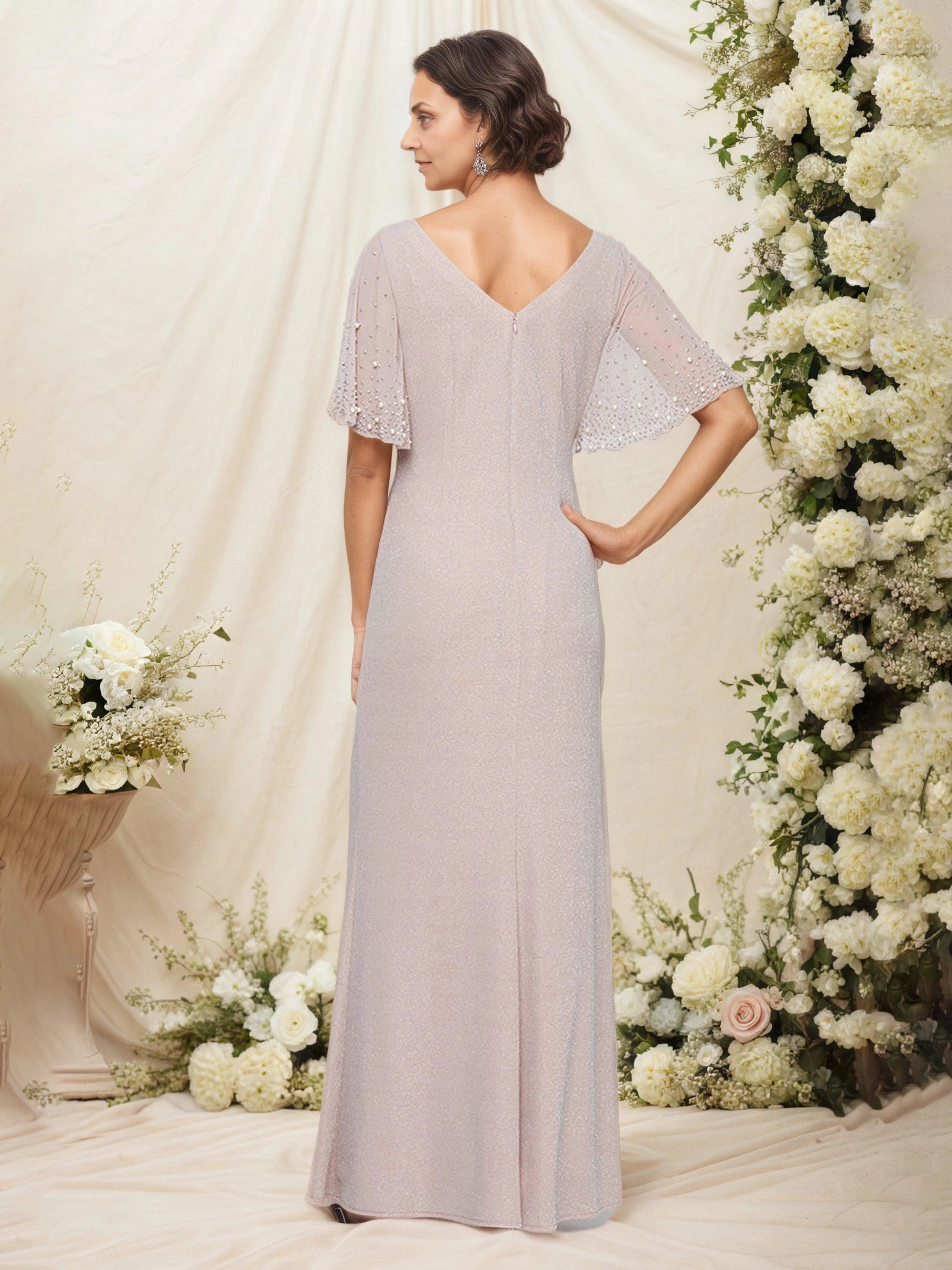 Elegant Sheath Boat Neck Beaded Flutter Sleeve V Back Floor Length Mother of the Bride Dress