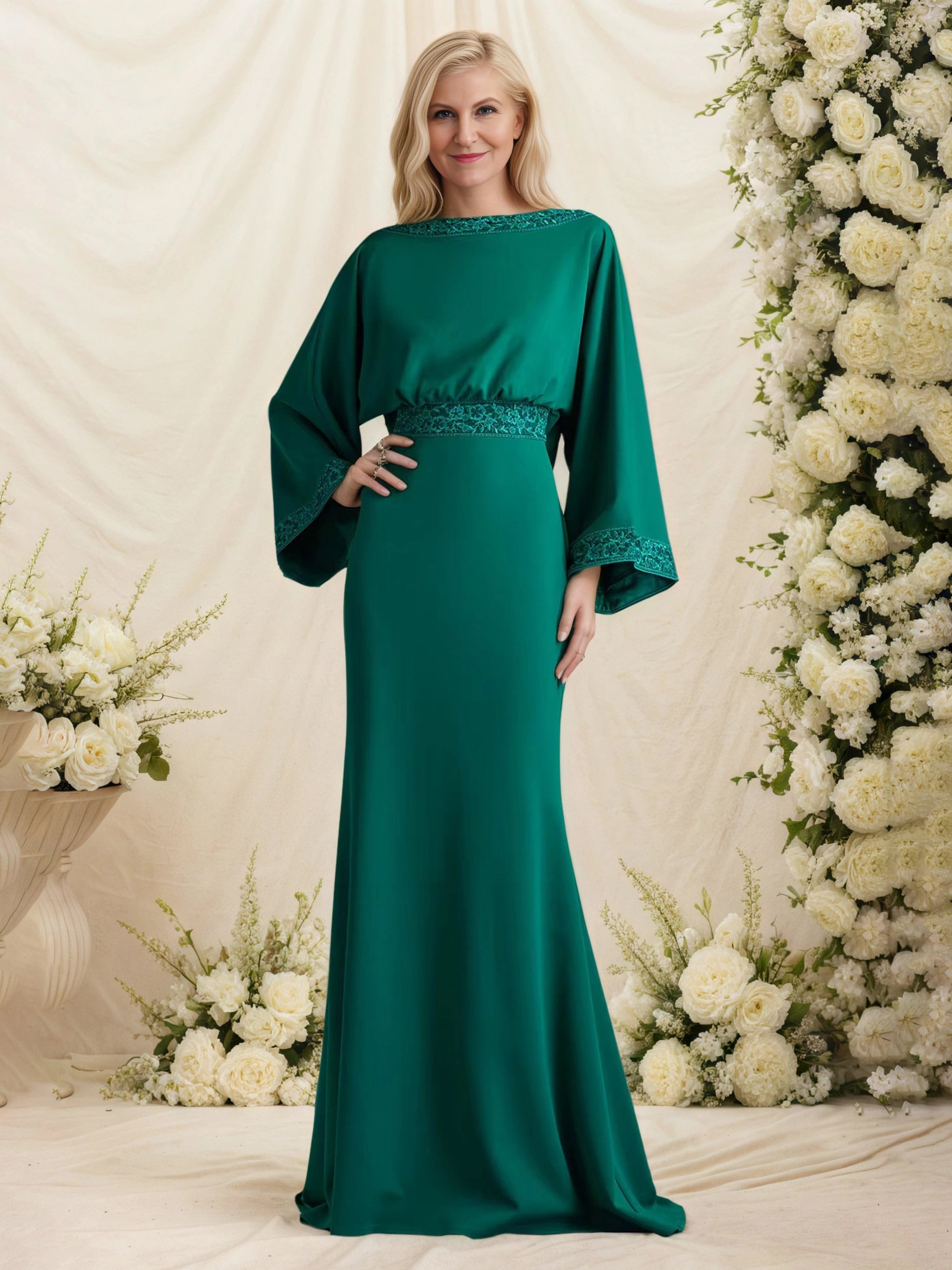 Elegant Sheath Boat Neck Bishop Sleeve Lace Trimmed Open Back Floor Length Mother of the Bride Dress