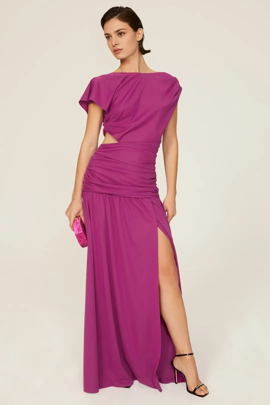 Elegant Sheath Boat Neck Cap Sleeve Cutout Waist Floor Length Plus Size Prom Dress
