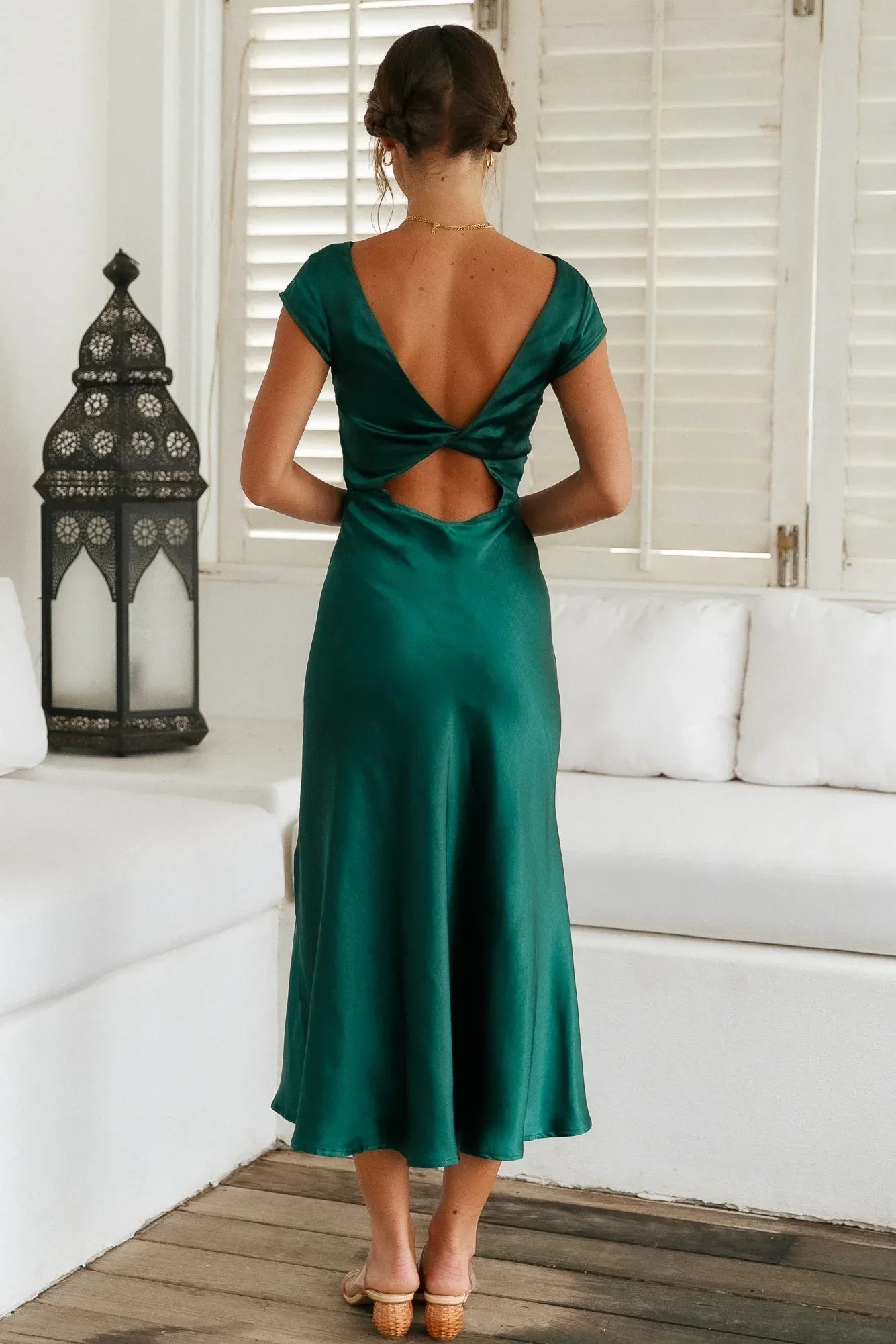 Elegant Sheath Boat Neck Cap Sleeve Twist Back Midi Length Prom Dress