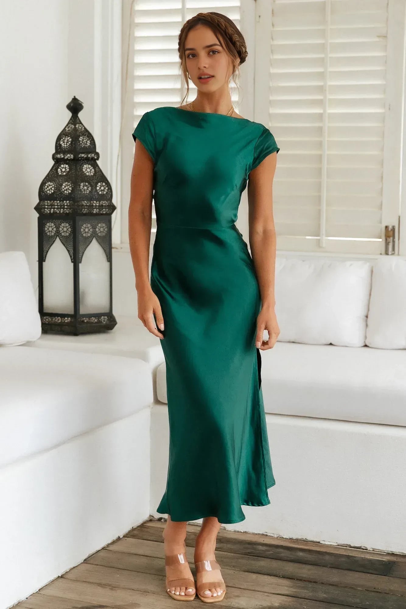 Elegant Sheath Boat Neck Cap Sleeve Twist Back Midi Length Prom Dress