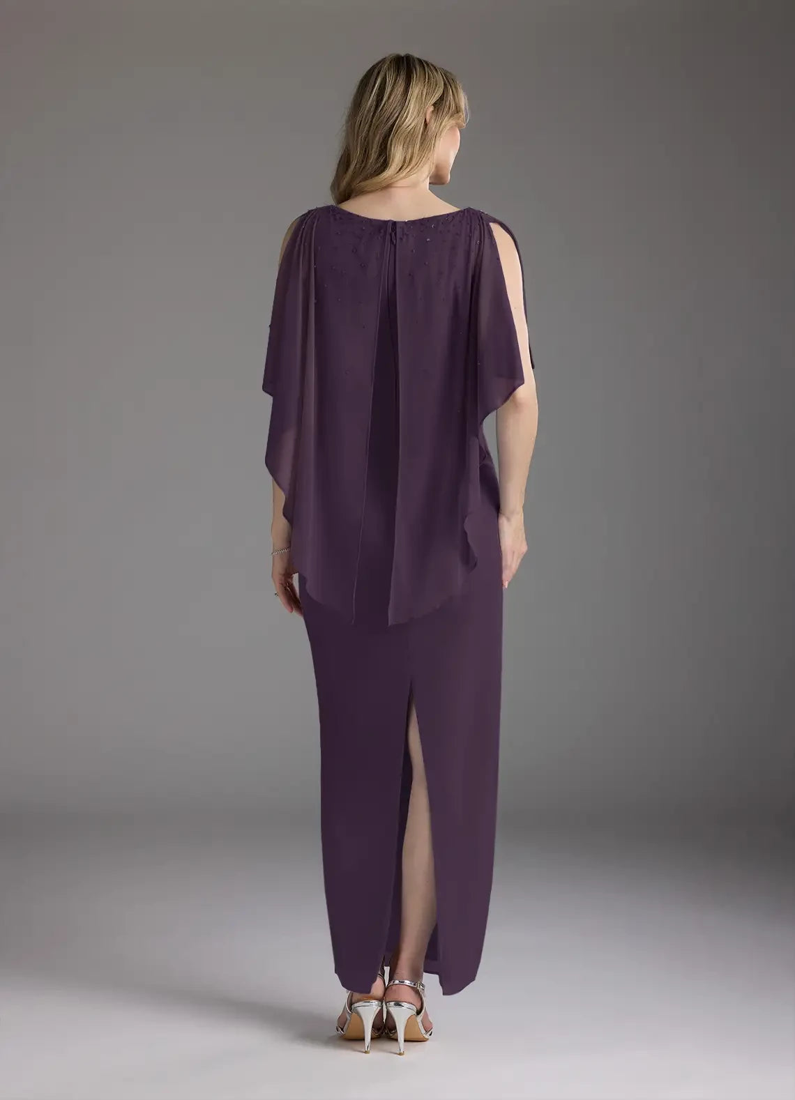 Elegant Sheath Boat Neck Cape Sleeve Zipper Back Floor Length Mother of the Bride Dress