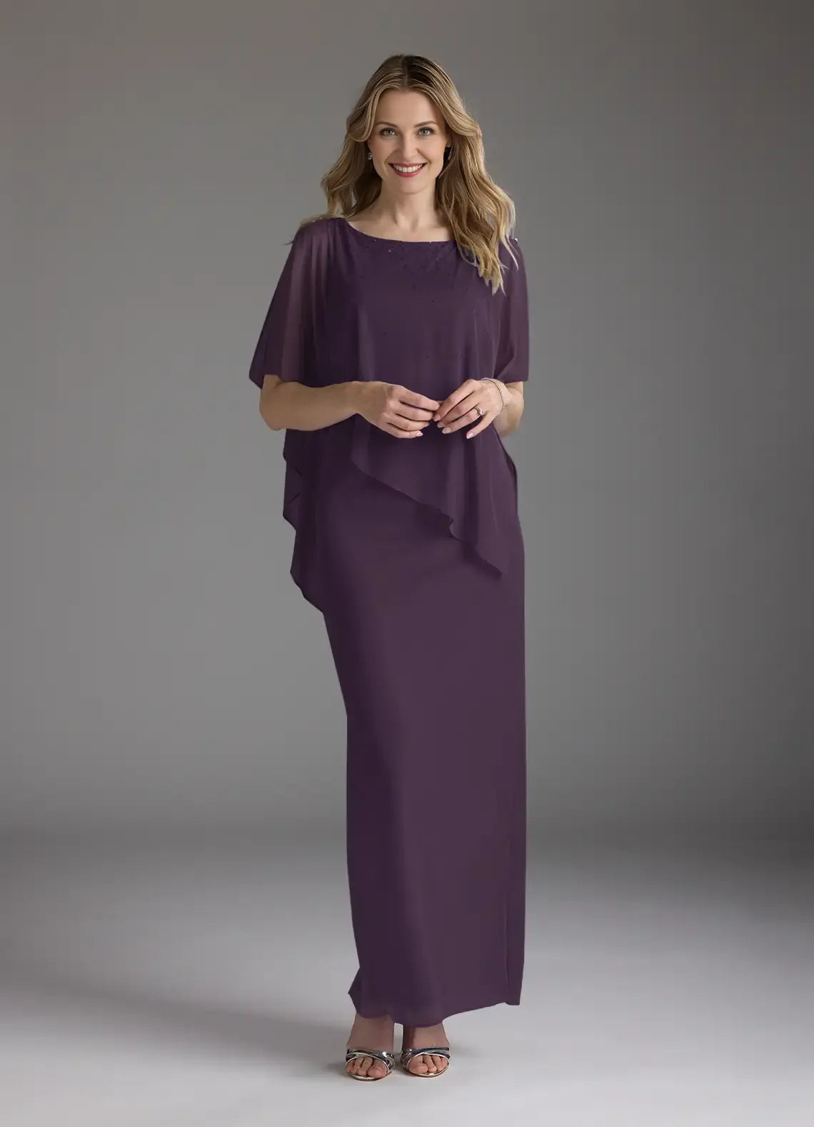 Elegant Sheath Boat Neck Cape Sleeve Zipper Back Floor Length Mother of the Bride Dress