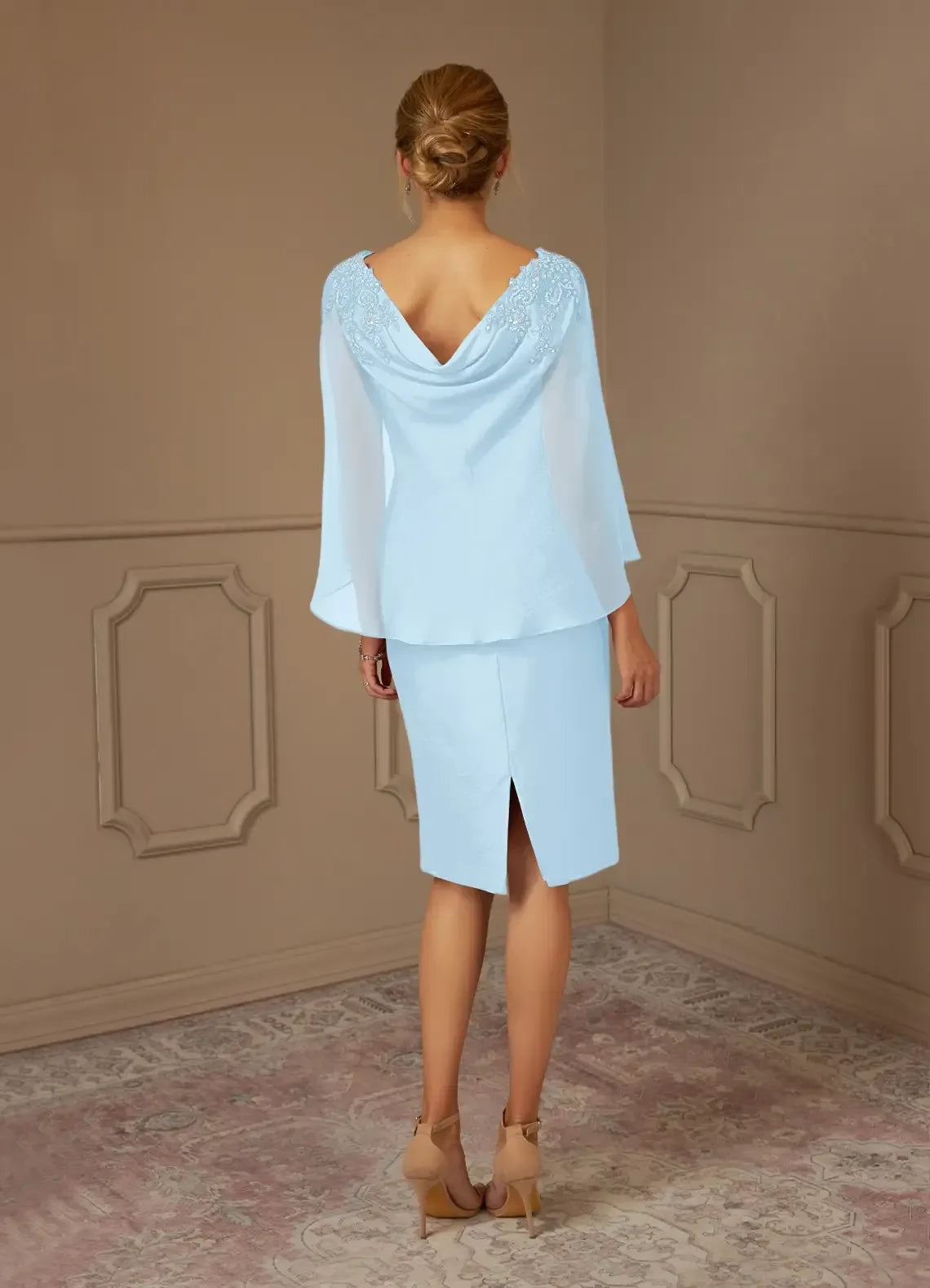 Elegant Sheath Boat Neck Chiffon Cape Sleeve Zipper Back Knee Length Mother of the Bride Dress