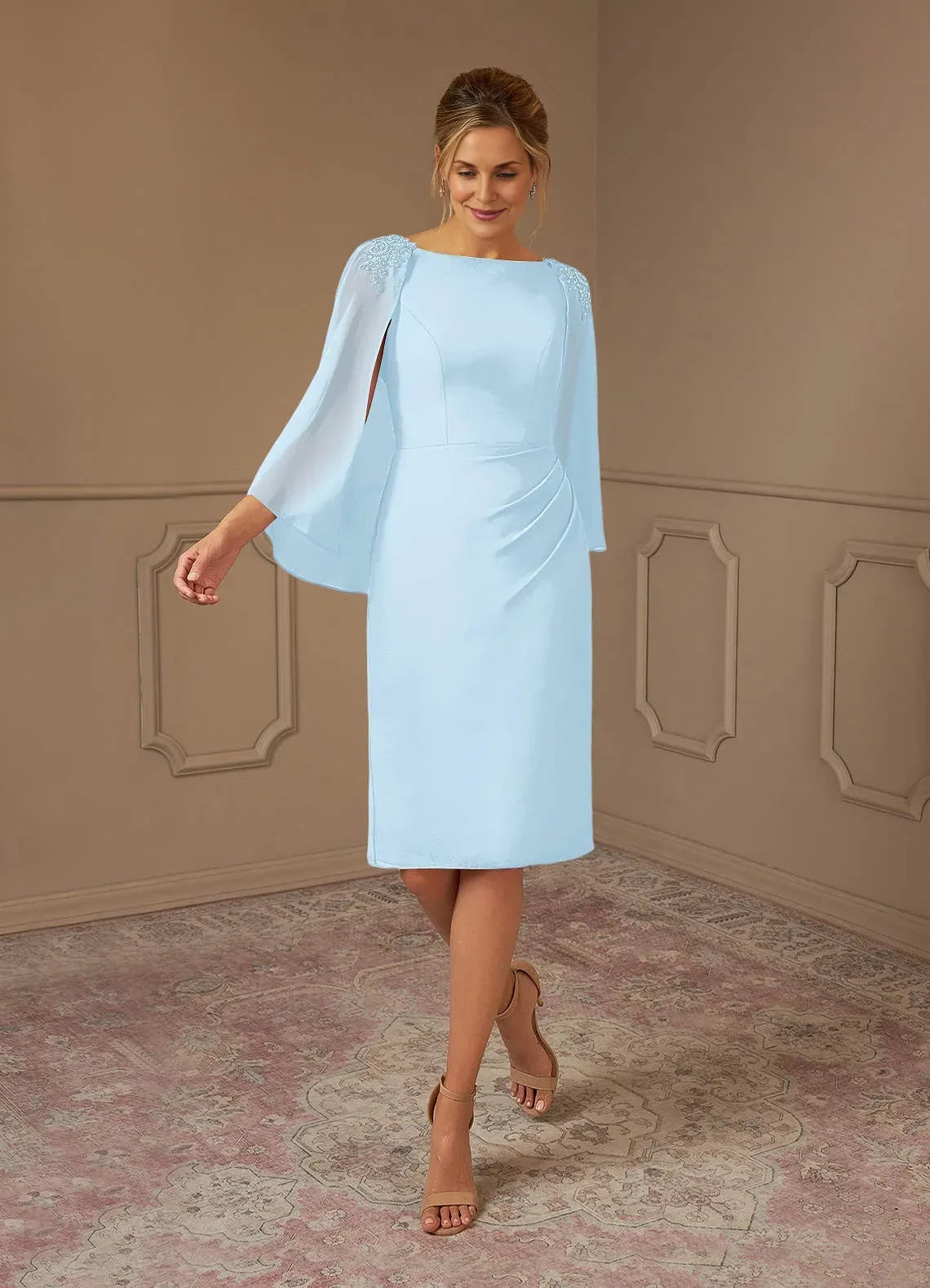 Elegant Sheath Boat Neck Chiffon Cape Sleeve Zipper Back Knee Length Mother of the Bride Dress