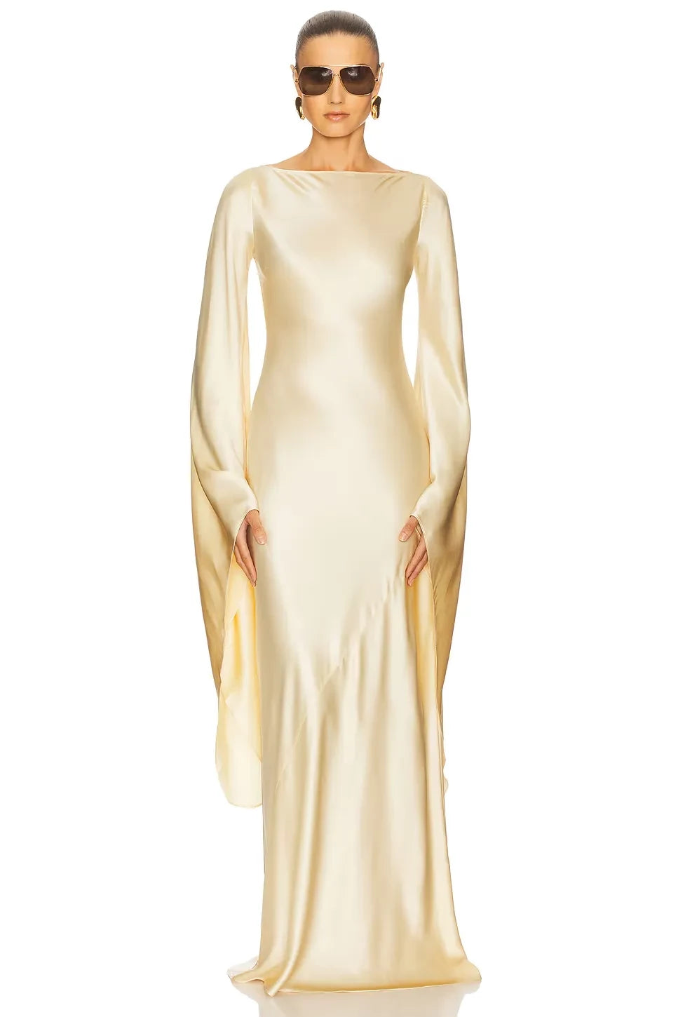 Elegant Sheath Boat Neck Dramatic Long Sleeve Open Back Floor Length Evening Dress