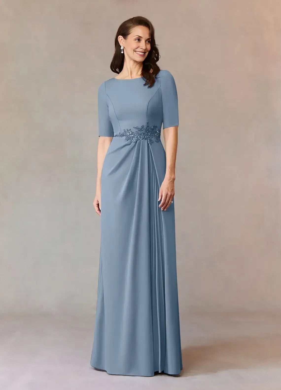 Elegant Sheath Boat Neck Elbow Length Sleeve Zipper Back Floor Length Mother of the Bride Dress