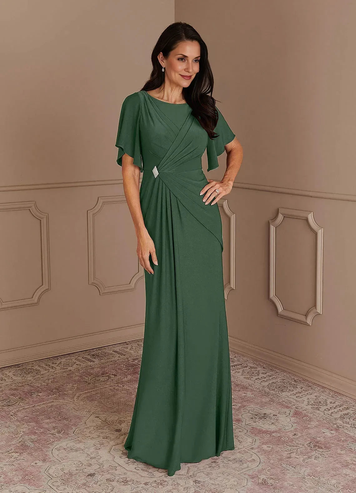 Elegant Sheath Boat Neck Flutter Sleeve Zipper Back Floor Length Mother of the Bride Dress
