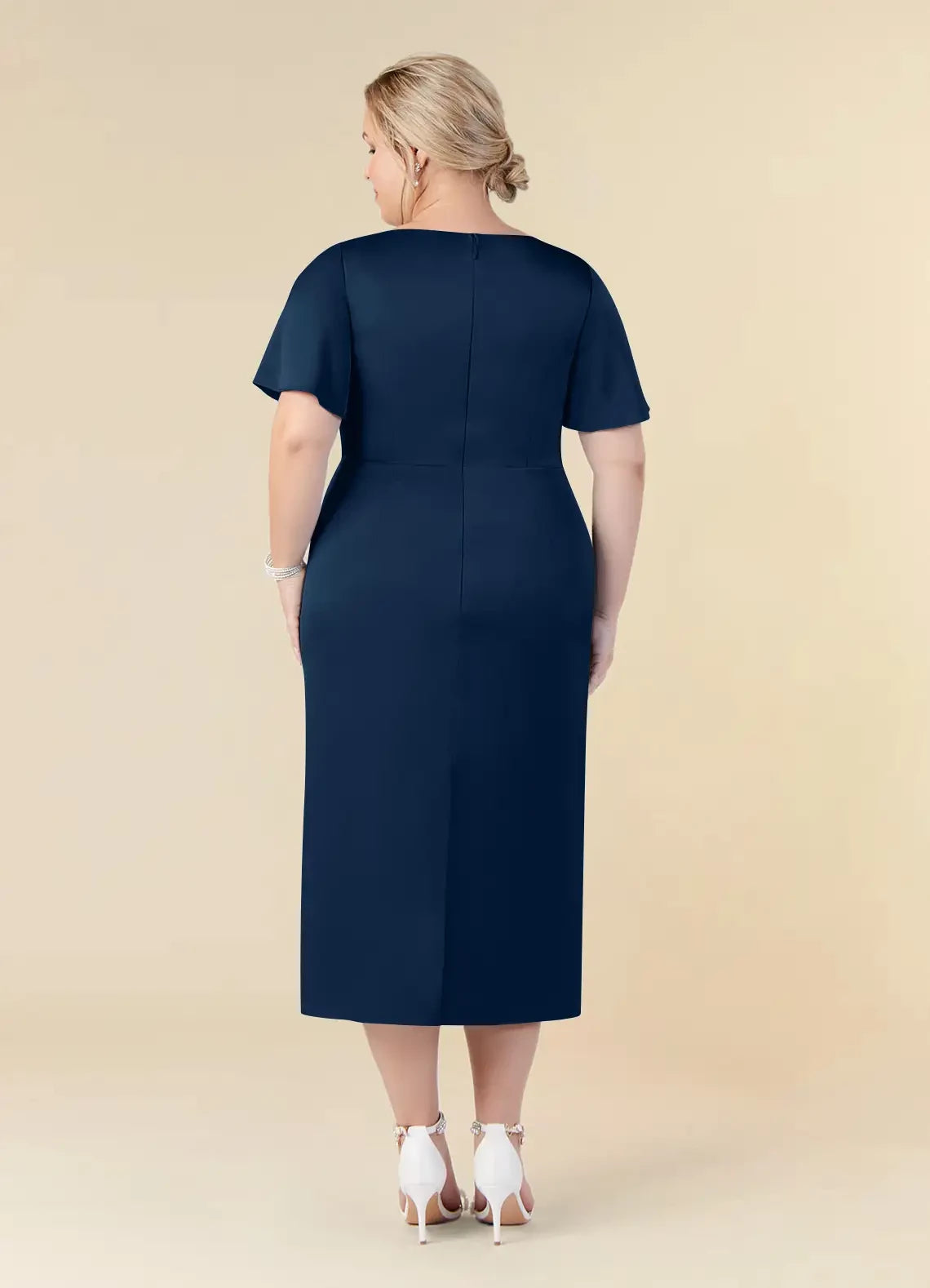 Elegant Sheath Boat Neck Flutter Sleeve Zipper Back Plus Size Knee Length Mother of the Bride Dress