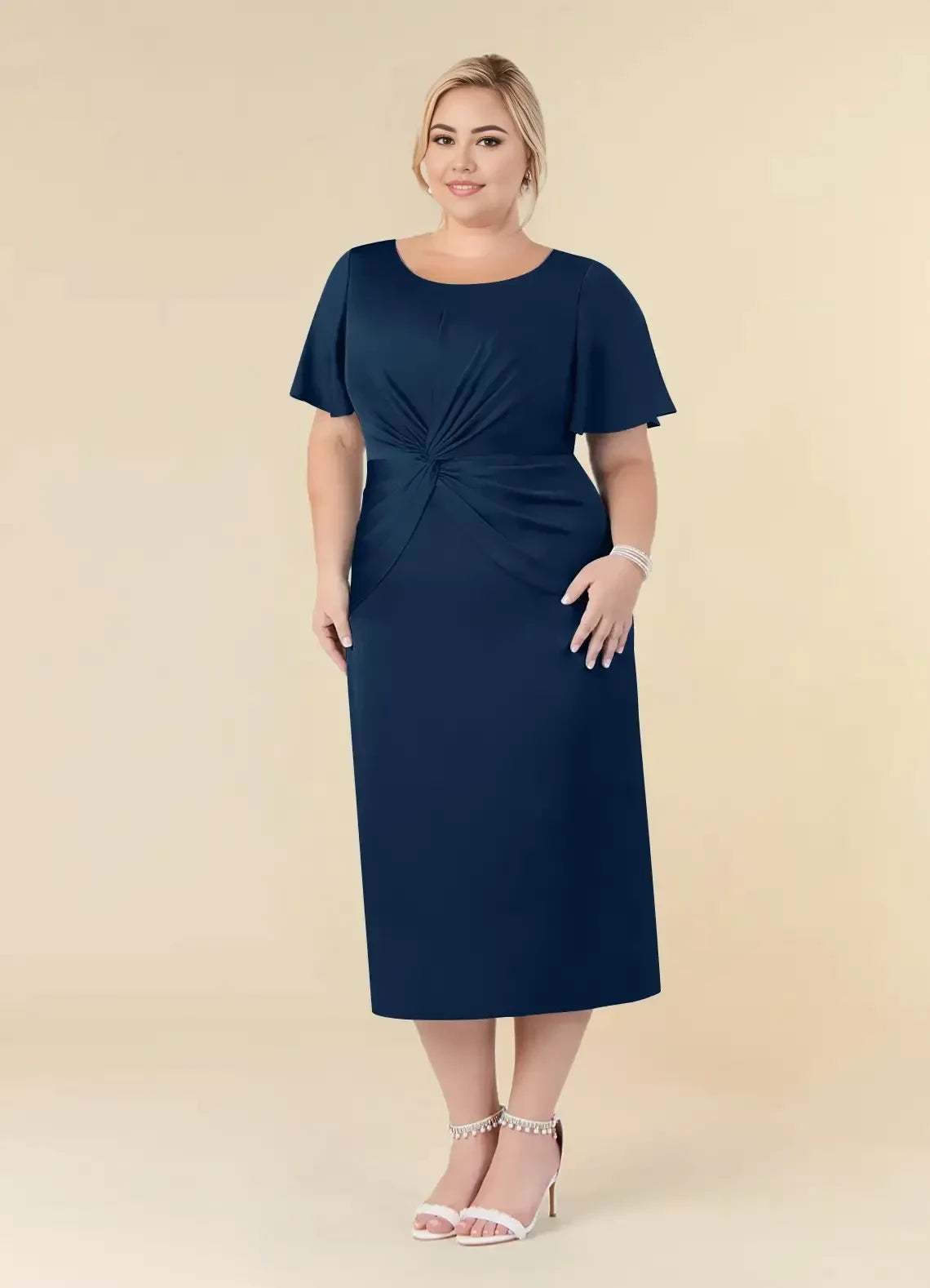 Elegant Sheath Boat Neck Flutter Sleeve Zipper Back Plus Size Knee Length Mother of the Bride Dress