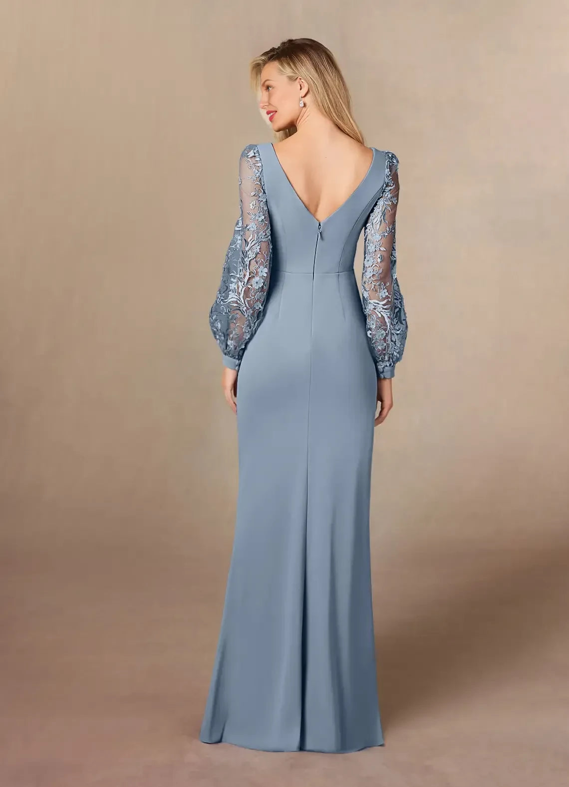 Elegant Sheath Boat Neck Lace Long Sleeve Zipper Back Floor Length Mother of the Bride Dress
