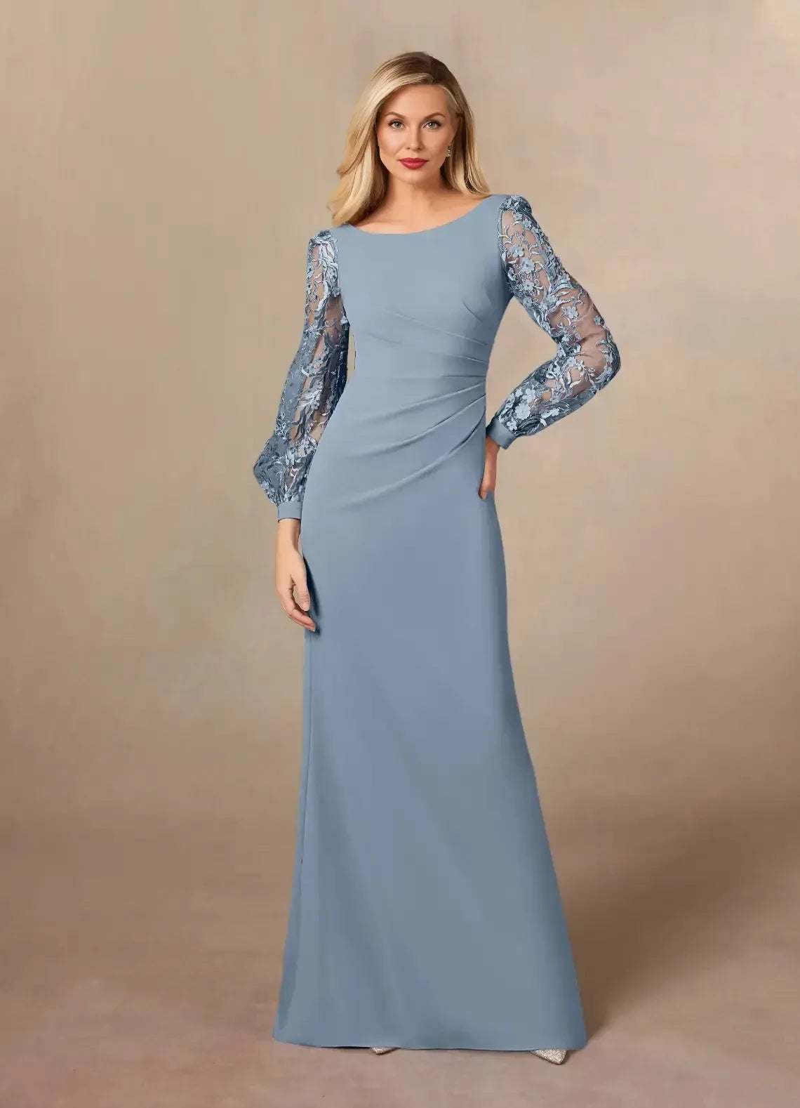 Elegant Sheath Boat Neck Lace Long Sleeve Zipper Back Floor Length Mother of the Bride Dress