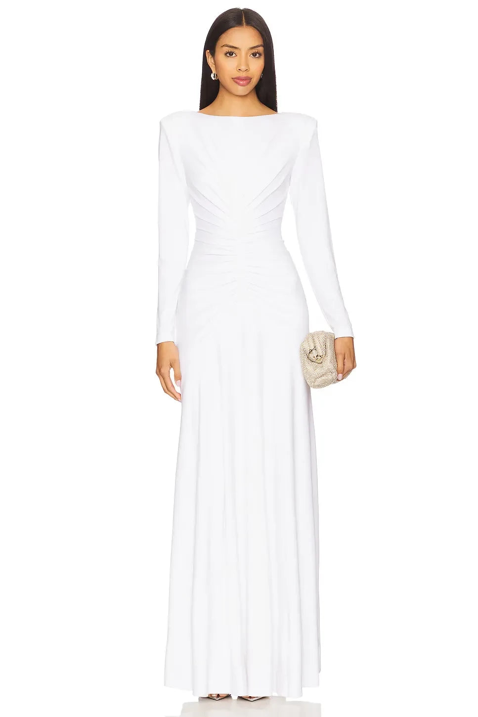 Elegant Sheath Boat Neck Long Sleeve Ruched Back Floor Length Evening Dress