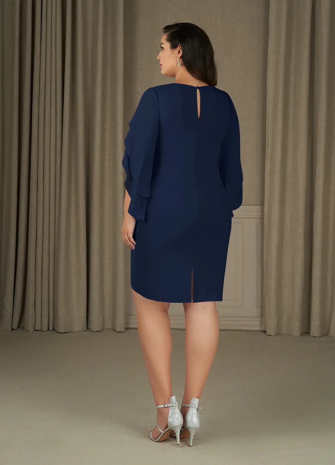 Elegant Sheath Boat Neck Ruffled Sleeve Keyhole Back Plus Size Knee Length Mother of the Bride Dress