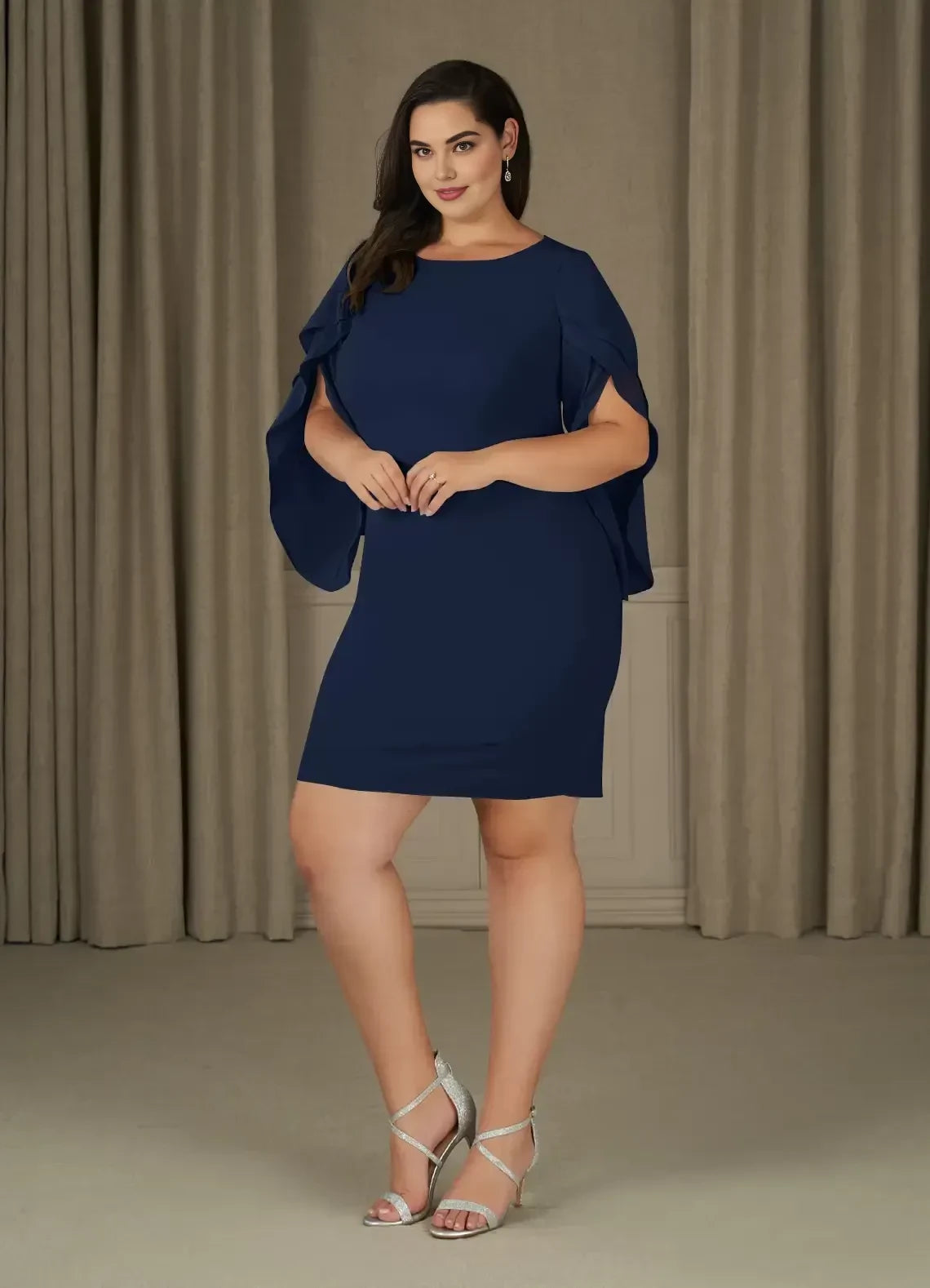 Elegant Sheath Boat Neck Ruffled Sleeve Keyhole Back Plus Size Knee Length Mother of the Bride Dress