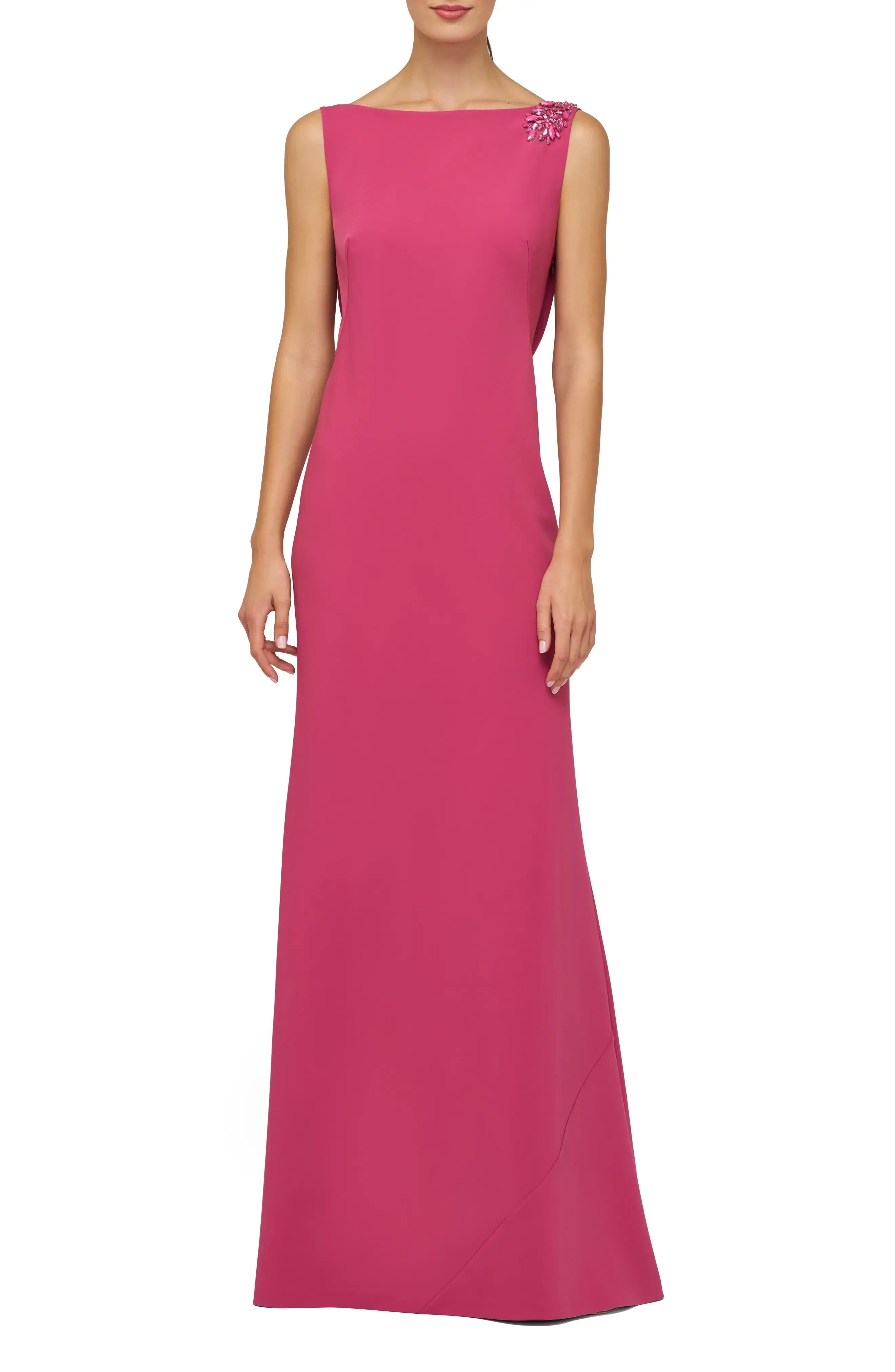 Elegant Sheath Boat Neck Sleeveless Draped Back Floor Length Evening Dress