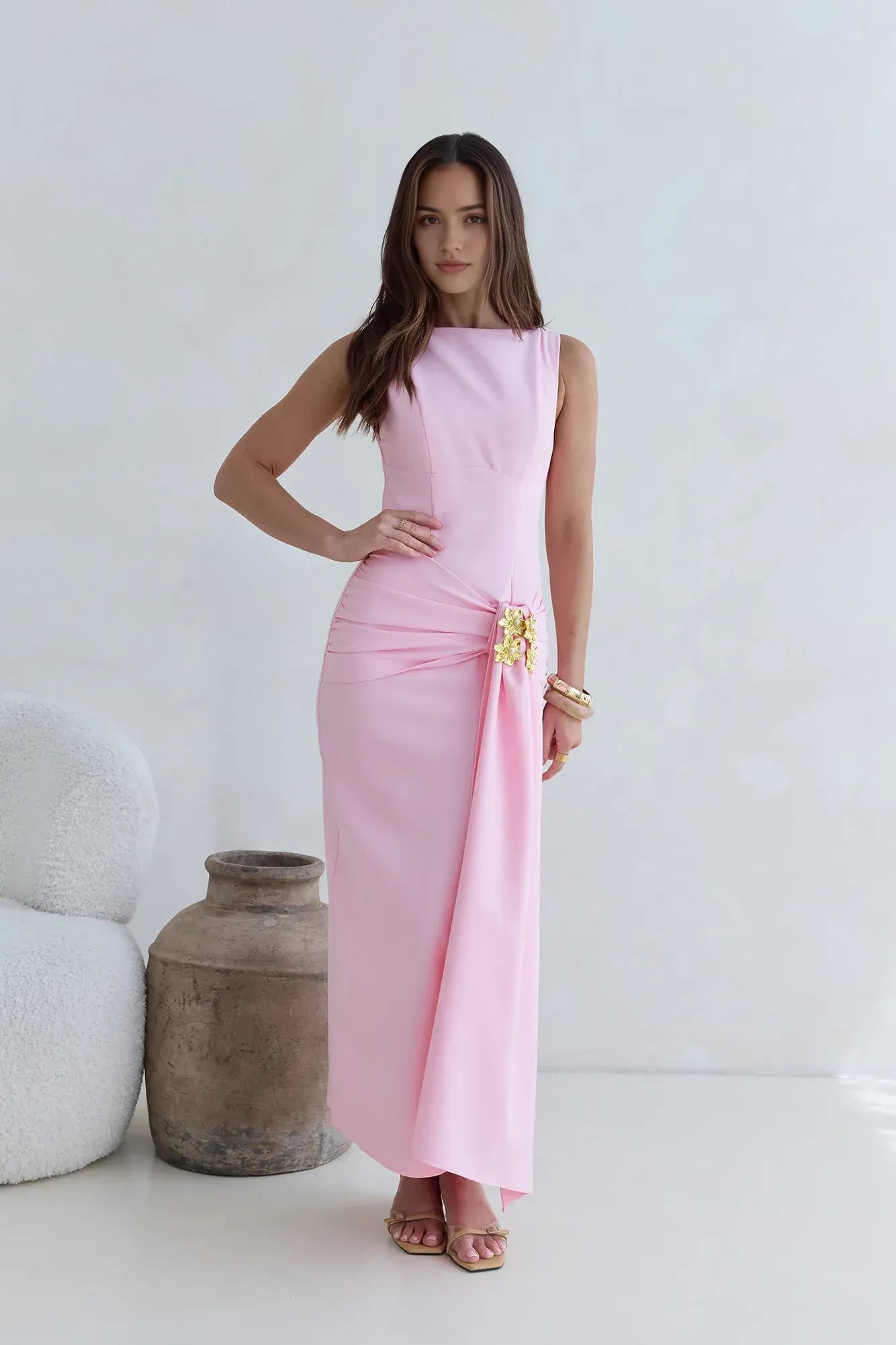 Elegant Sheath Boat Neck Sleeveless Floral Embellished Asymmetric Floor Length Prom Dress