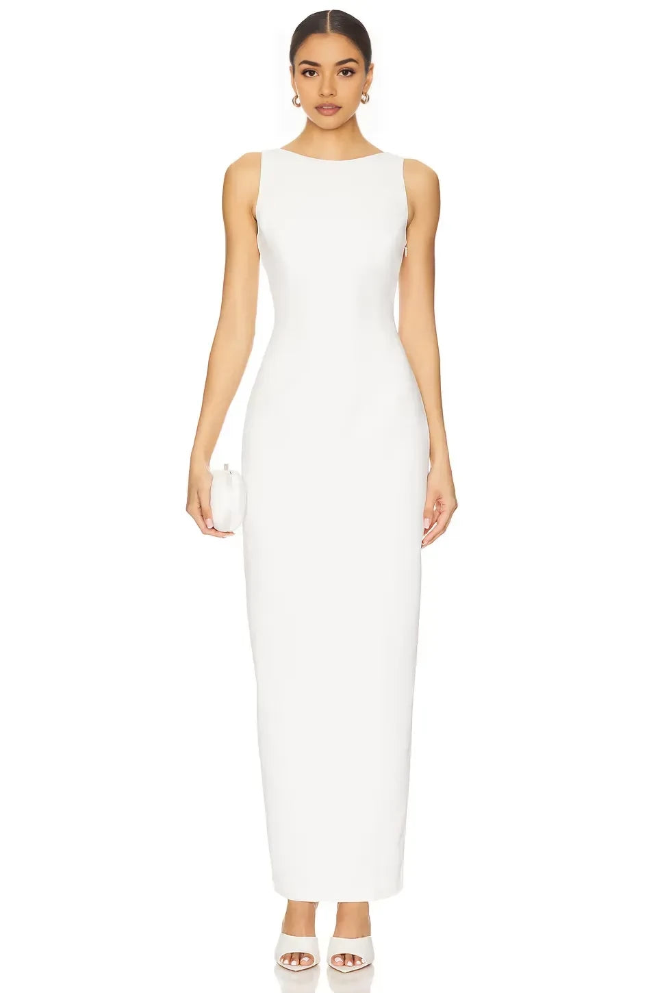 Elegant Sheath Boat Neck Sleeveless Open Back Slit Back Floor Length Evening Dress