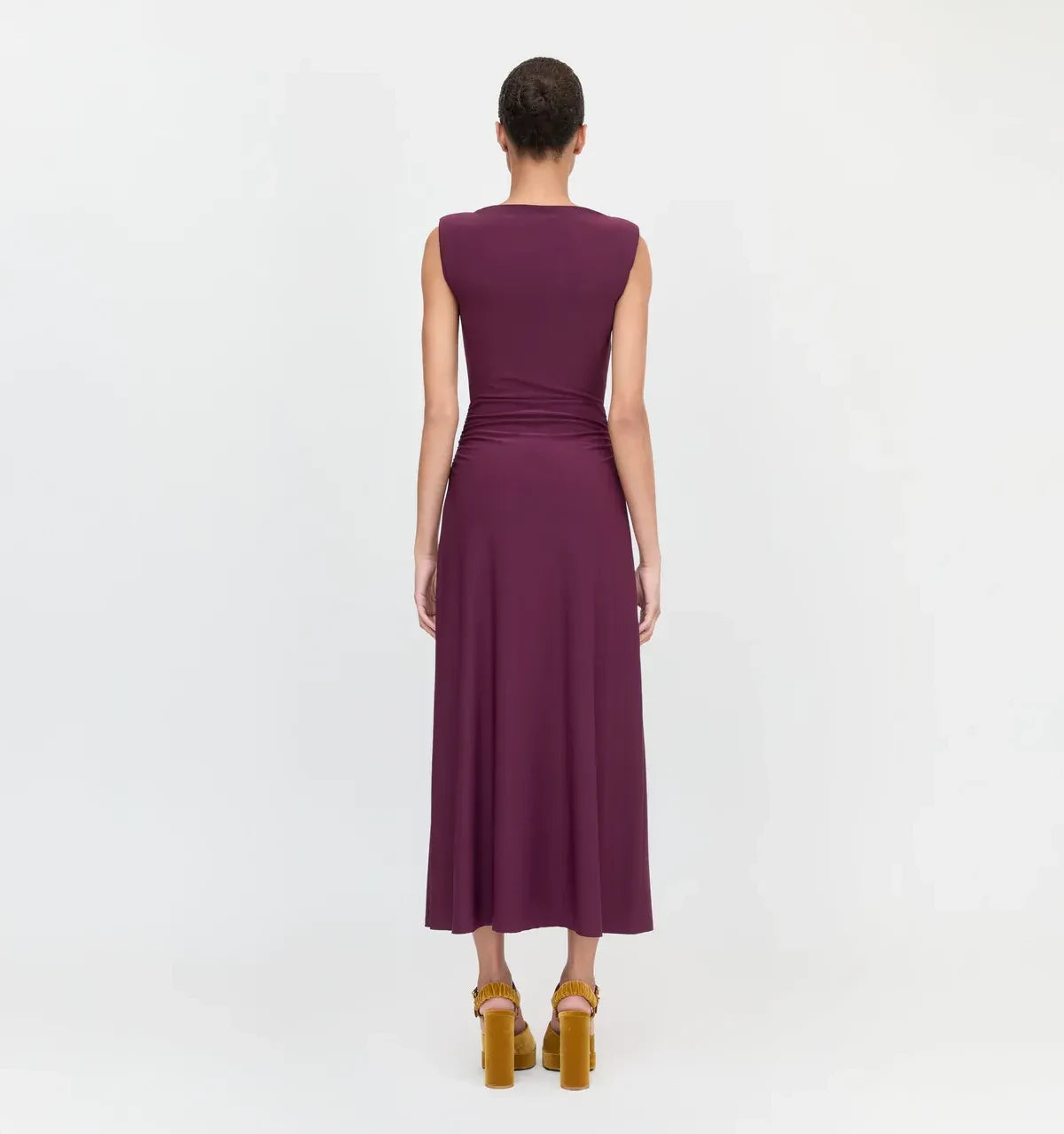 Elegant Sheath Boat Neck Sleeveless Ruched Back Midi Length Prom Dress