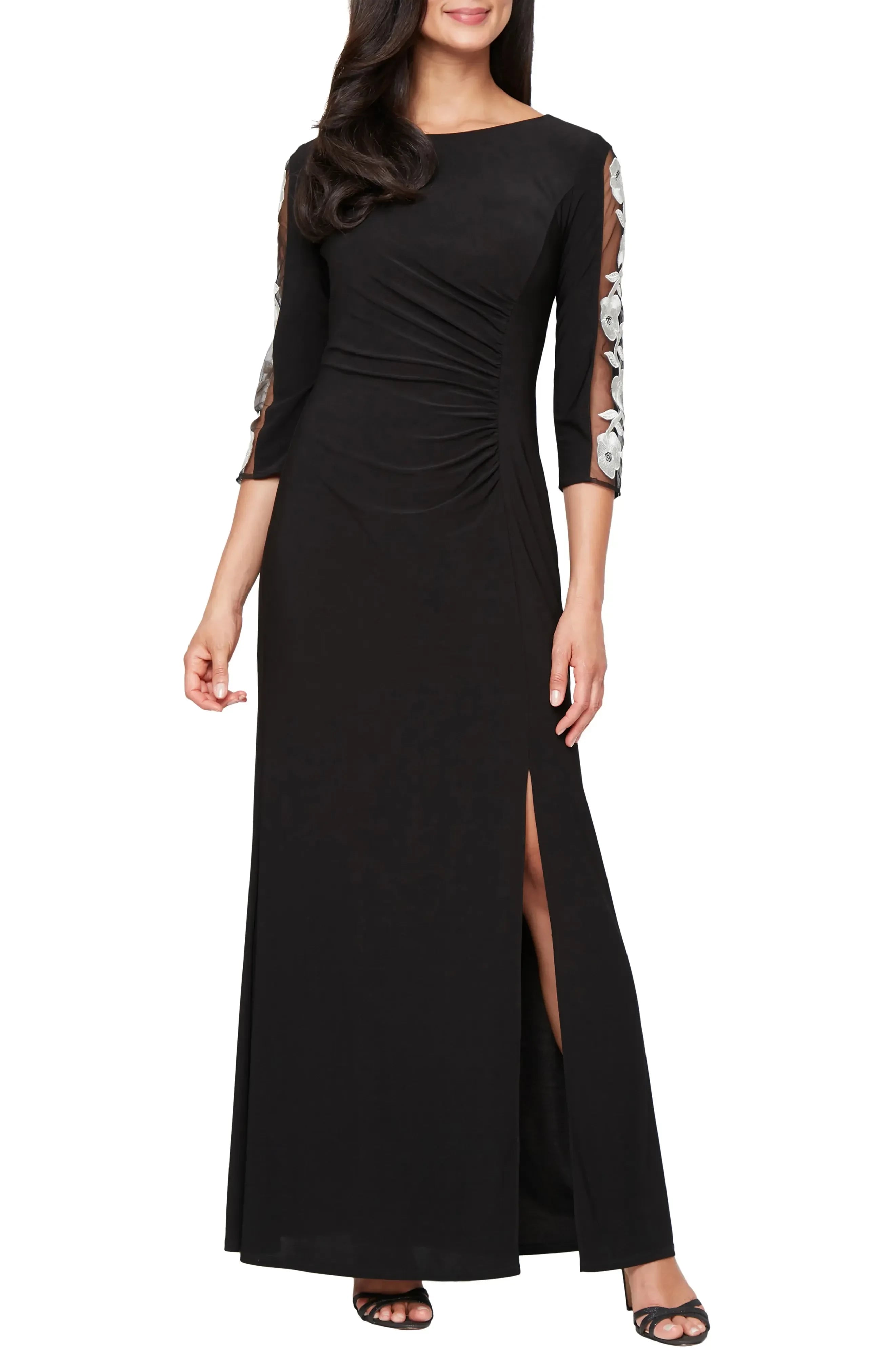 Elegant Sheath Boat Neck Three Quarter Sleeve Zipper Back Floor Length Evening Dress