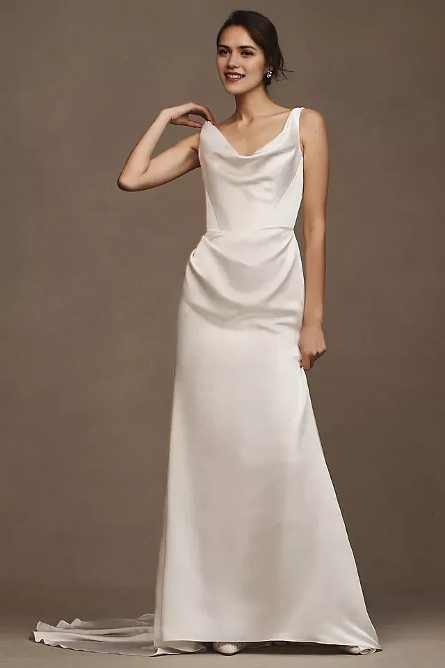 Elegant Sheath Cowl Neck Sleeveless Button Back Floor Length Wedding Dress