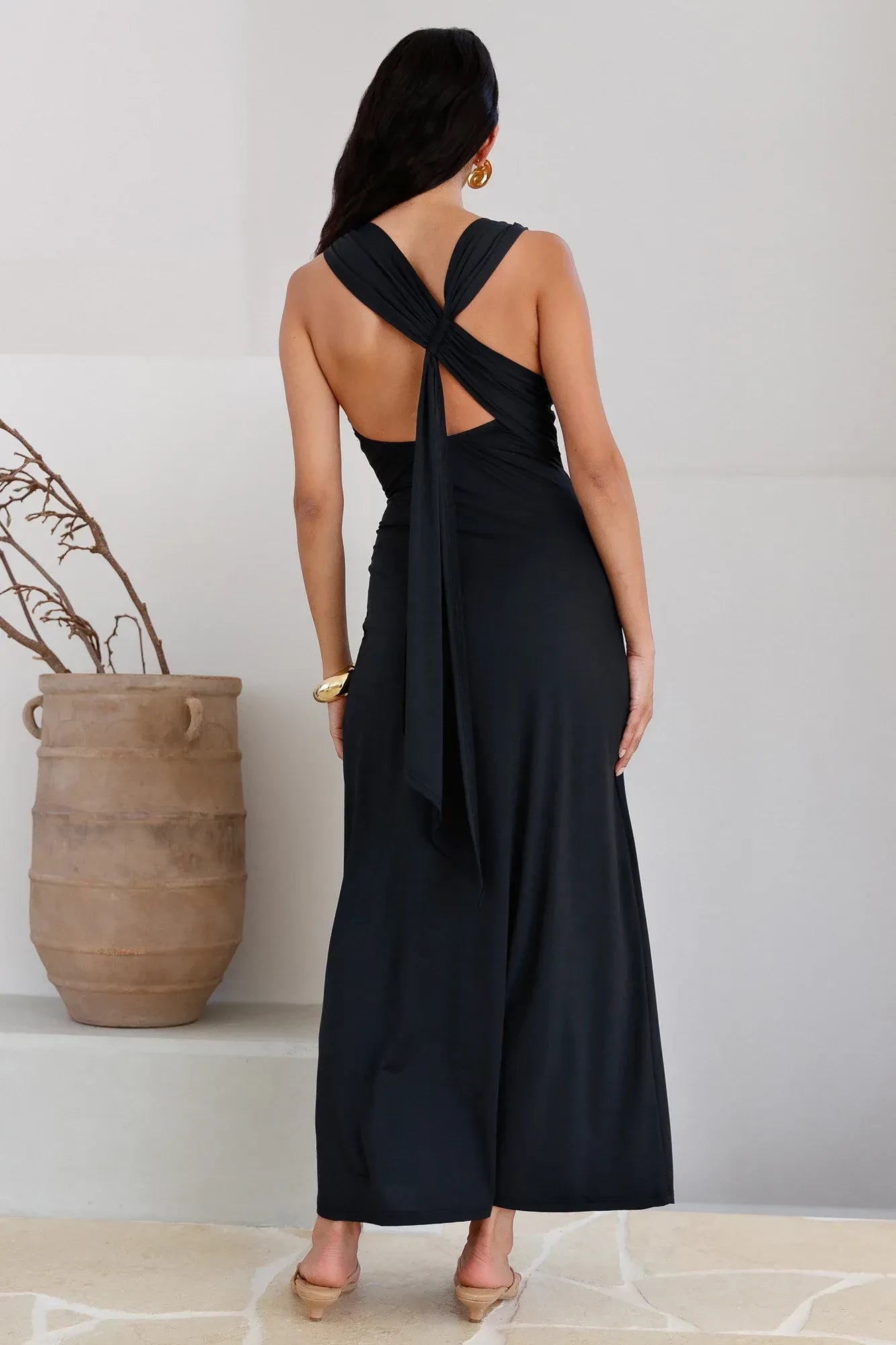 Elegant Sheath Cowl Neck Sleeveless Cross Back Floor Length Prom Dress