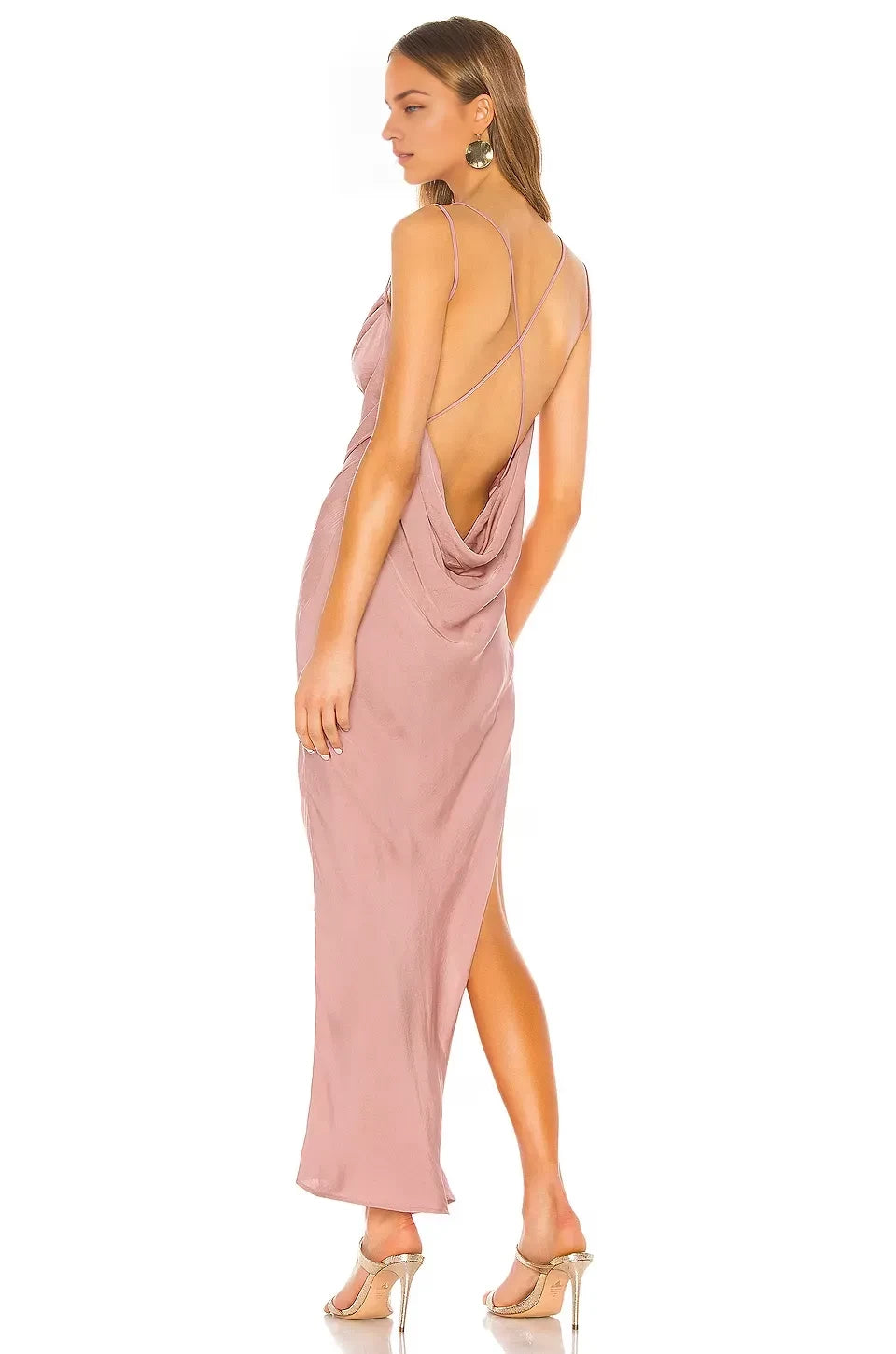 Elegant Sheath Cowl Neck Sleeveless Draped Open Back Slit Front Midi Length Evening Dress
