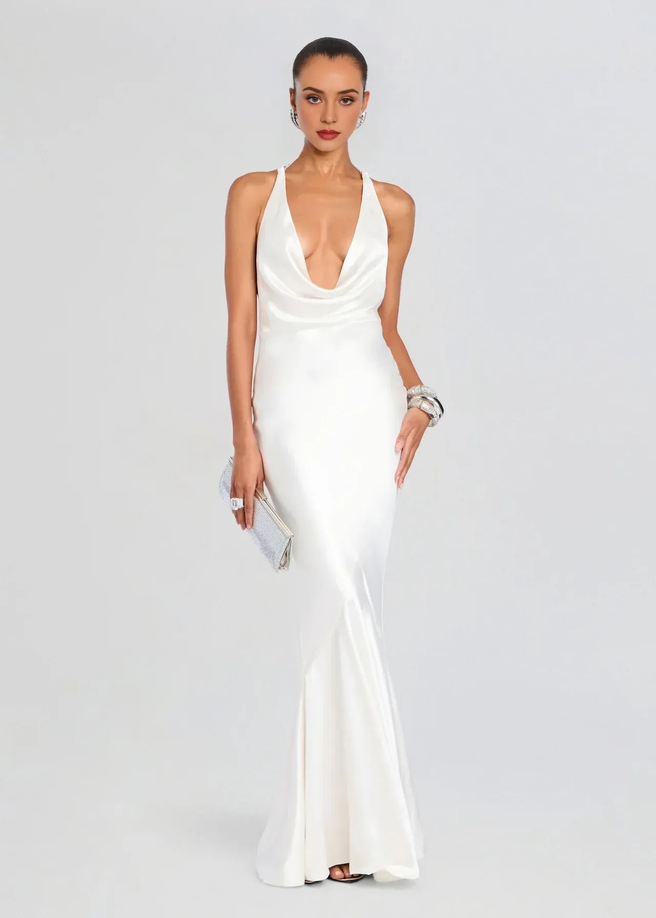 Elegant Sheath Cowl Neck Sleeveless Open Back Floor Length Plus Size Prom Dress