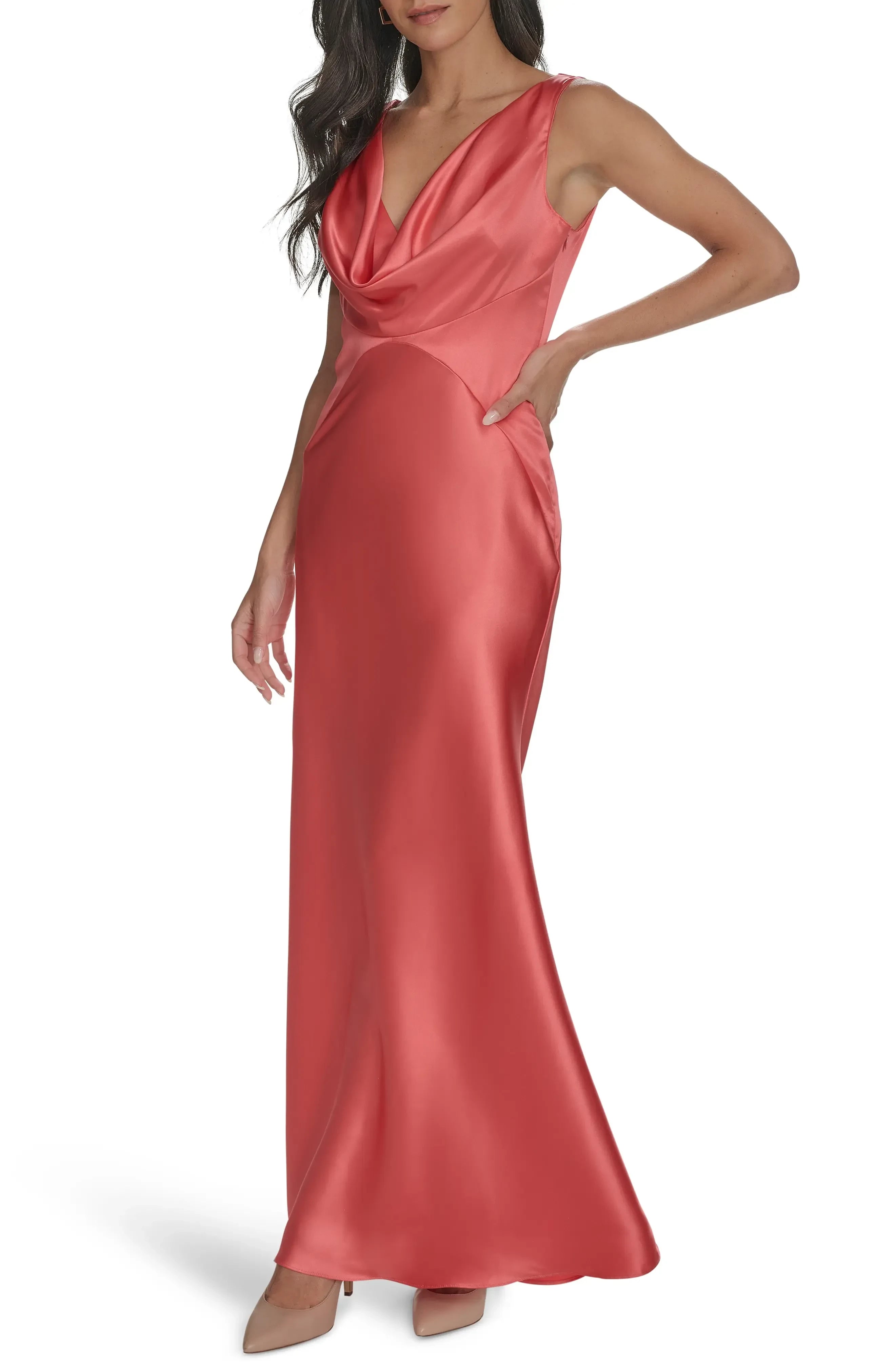 Elegant Sheath Cowl Neck Sleeveless V Back Floor Length Bridesmaid Dress