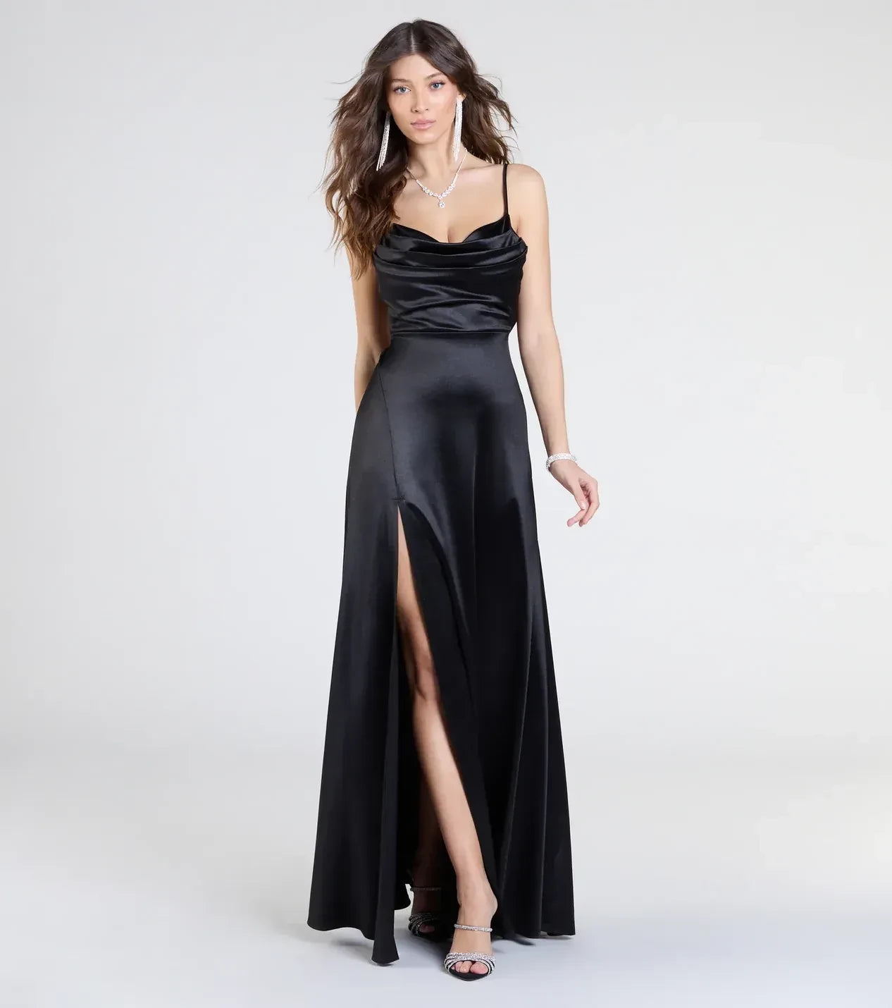 Elegant Sheath Cowl Neck Spaghetti Strap Bow Back Floor Length Prom Dress