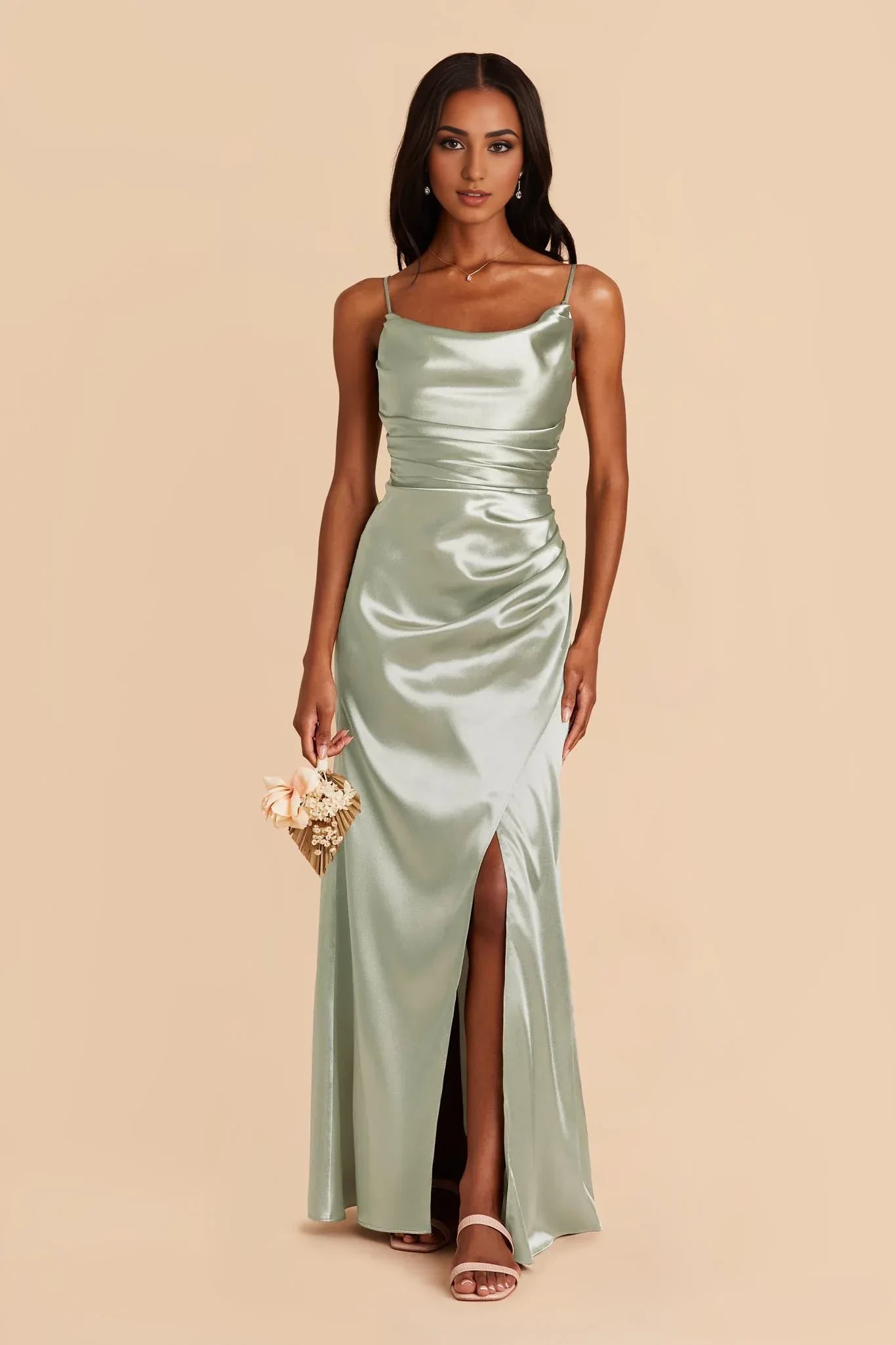 Elegant Sheath Cowl Neck Spaghetti Strap Open Back Floor Length Bridesmaid Dress