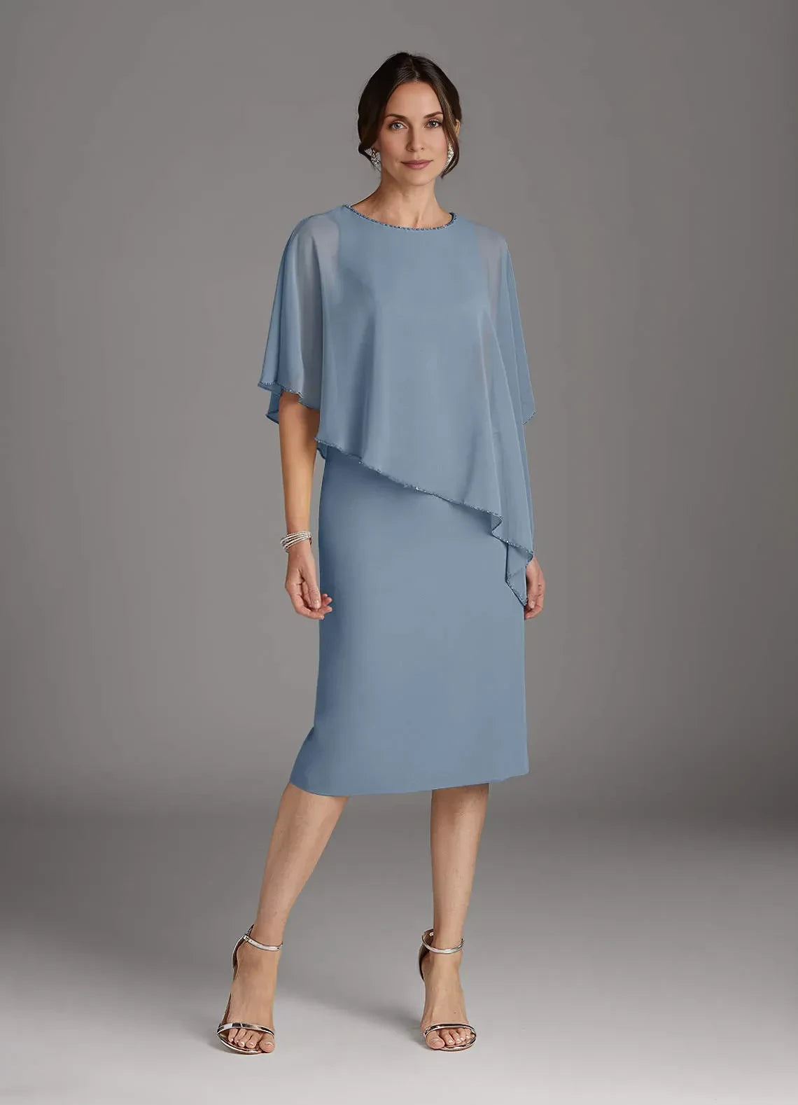 Elegant Sheath Crew Neck Cape Sleeve Keyhole Back Knee Length Mother of the Bride Dresses
