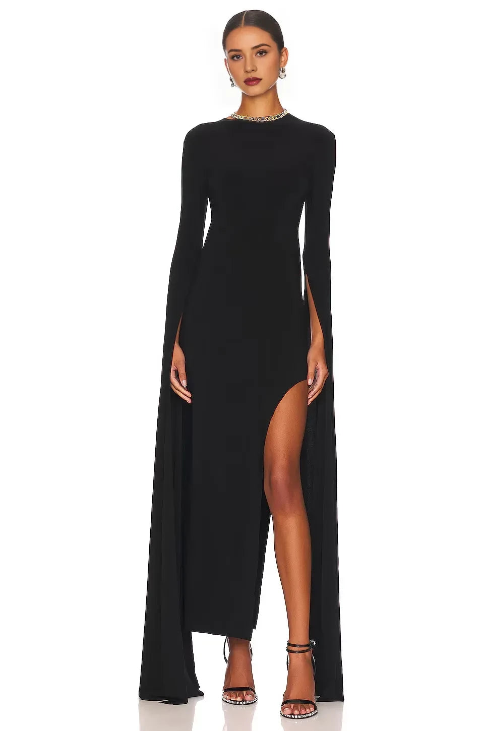 Elegant Sheath Crew Neck Cape Sleeve Open Back High Slit Floor Length Evening Dress