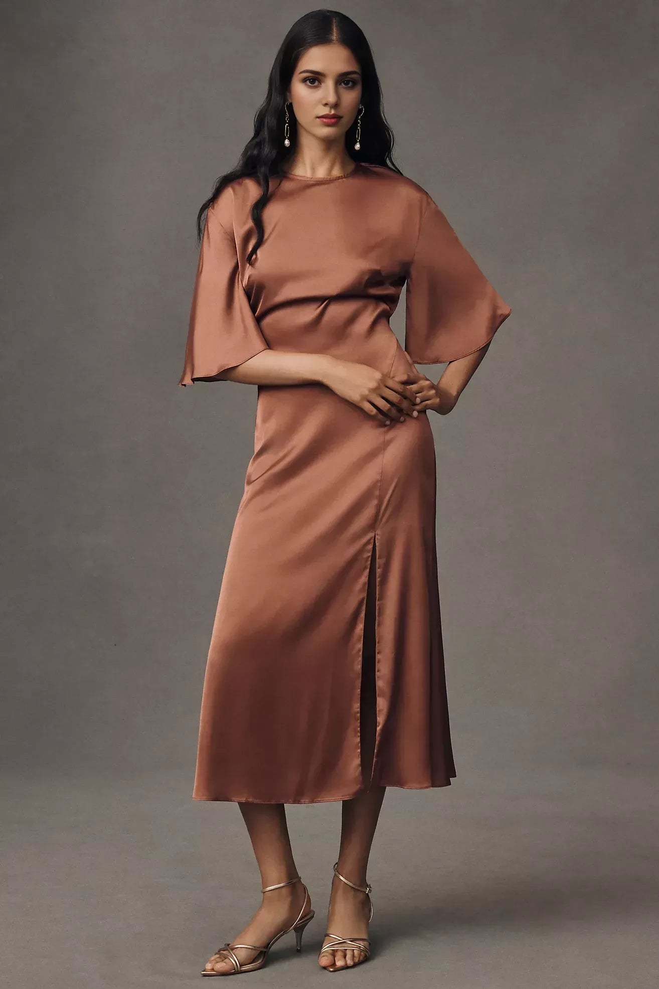 Elegant Sheath Crew Neck Flutter Sleeve Open Back Midi Length Evening Dress