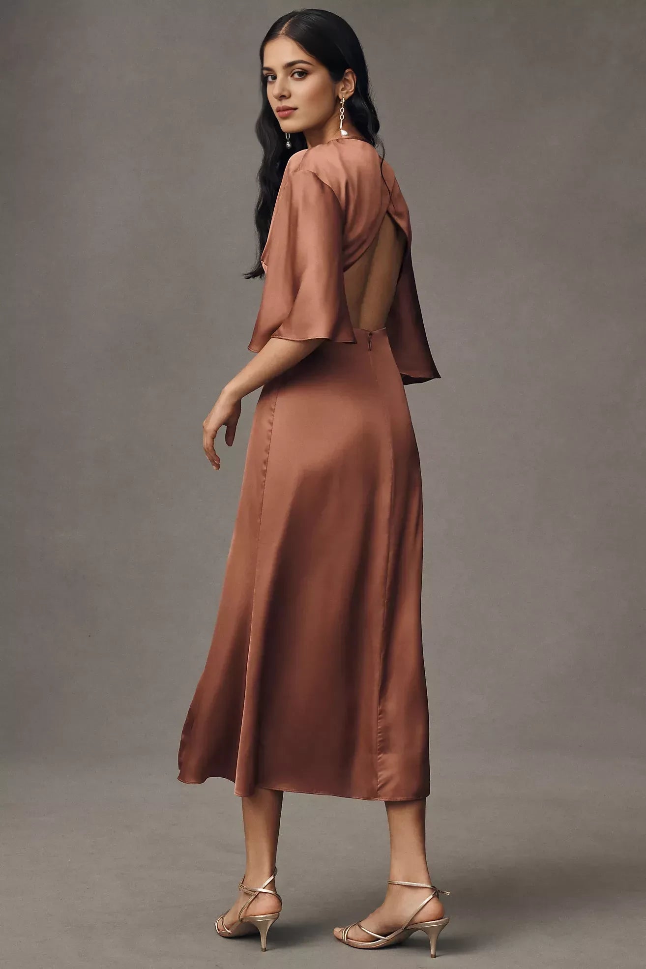 Elegant Sheath Crew Neck Flutter Sleeve Open Back Midi Length Evening Dress