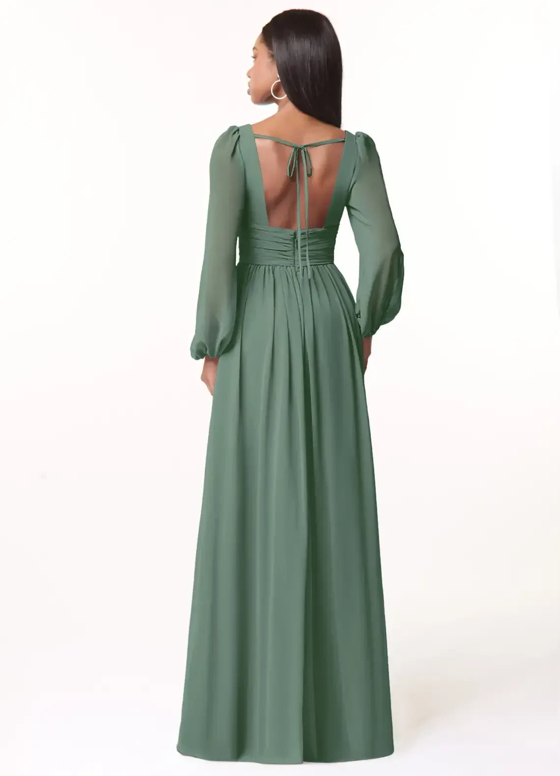 Elegant Sheath Deep V Neck Puff Long Sleeve Tie Back Floor Length Bridesmaid Dress