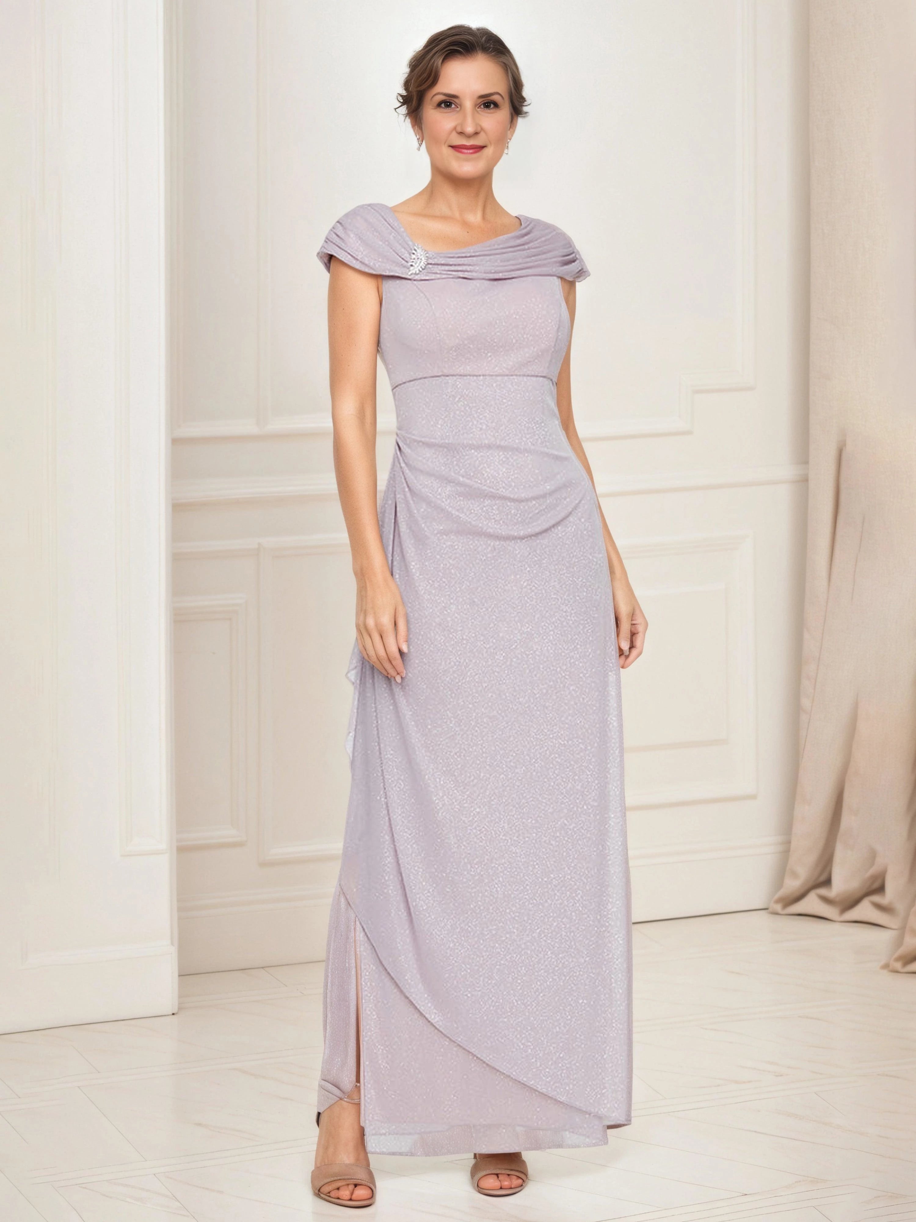 Elegant Sheath Draped Neck Cap Sleeve Zip Back Floor Length Mother of the Bride Dress