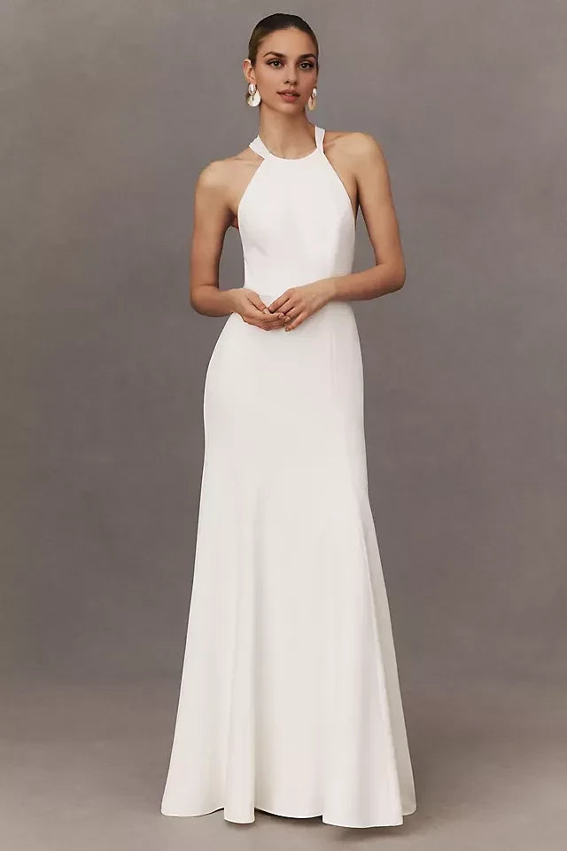 Elegant Sheath Halter Neck Sleeveless Bow Back Floor Length Wedding Dress ﻿