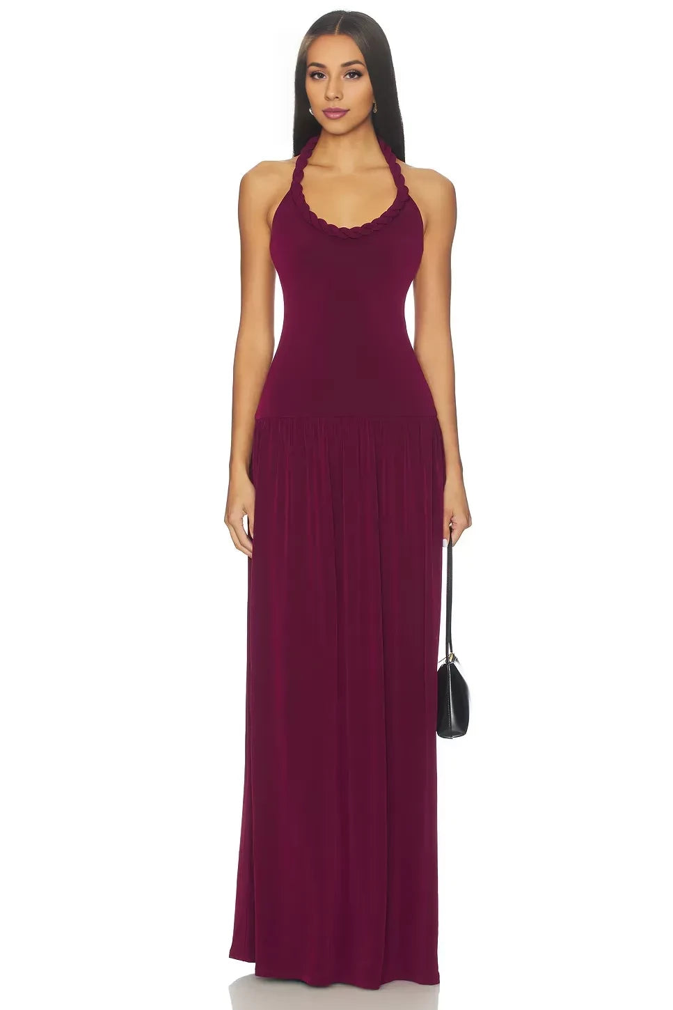 Elegant Sheath Halter Neck Sleeveless Braided Trim Open Back Floor Length Evening Dress