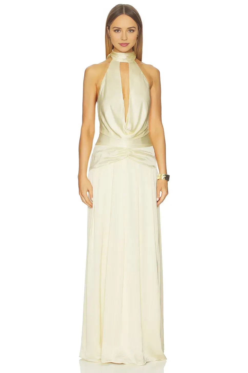 Elegant Sheath Halter Neck Sleeveless Draped Back Floor Length Evening Dress