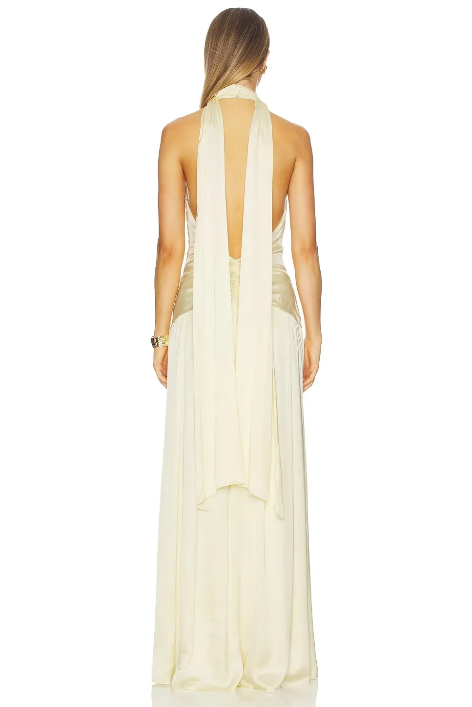 Elegant Sheath Halter Neck Sleeveless Draped Back Floor Length Evening Dress