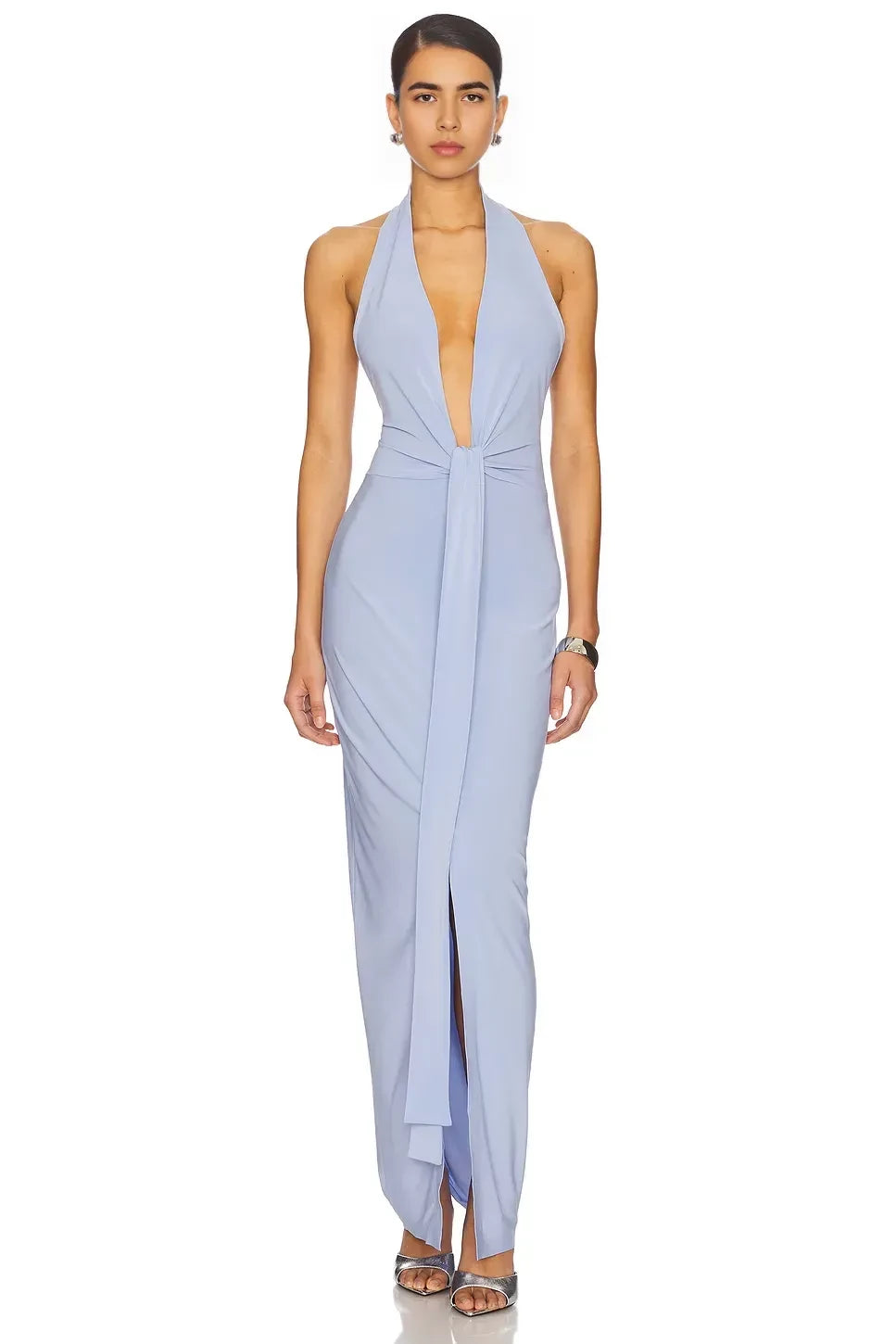 Elegant Sheath Halter Neck Sleeveless Knot Detail Plunging Back Floor Length Evening Dress