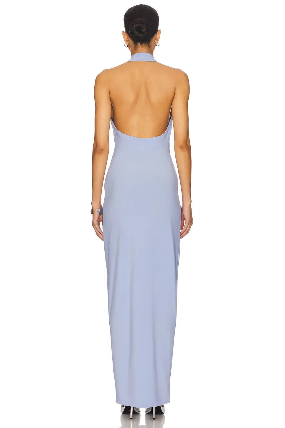 Elegant Sheath Halter Neck Sleeveless Knot Detail Plunging Back Floor Length Evening Dress