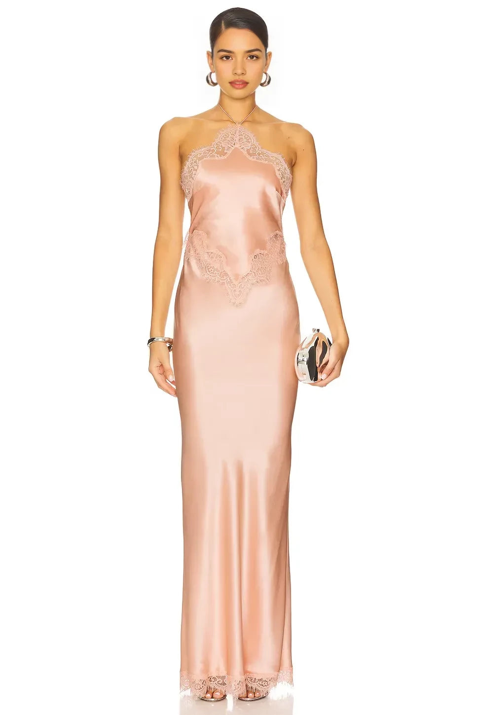 Elegant Sheath Halter Neck Sleeveless Lace Trimmed Open Back Floor Length Evening Dress