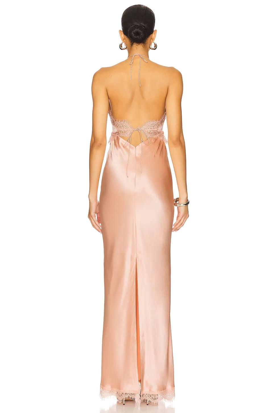 Elegant Sheath Halter Neck Sleeveless Lace Trimmed Open Back Floor Length Evening Dress